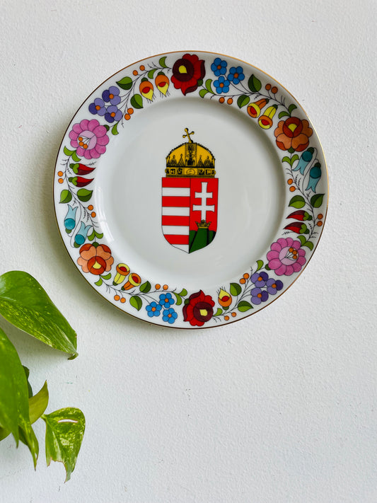 Kalocsa Hungary Hand Painted Wall Hanging Plate with Hungarian Coat of Arms & Flower Design