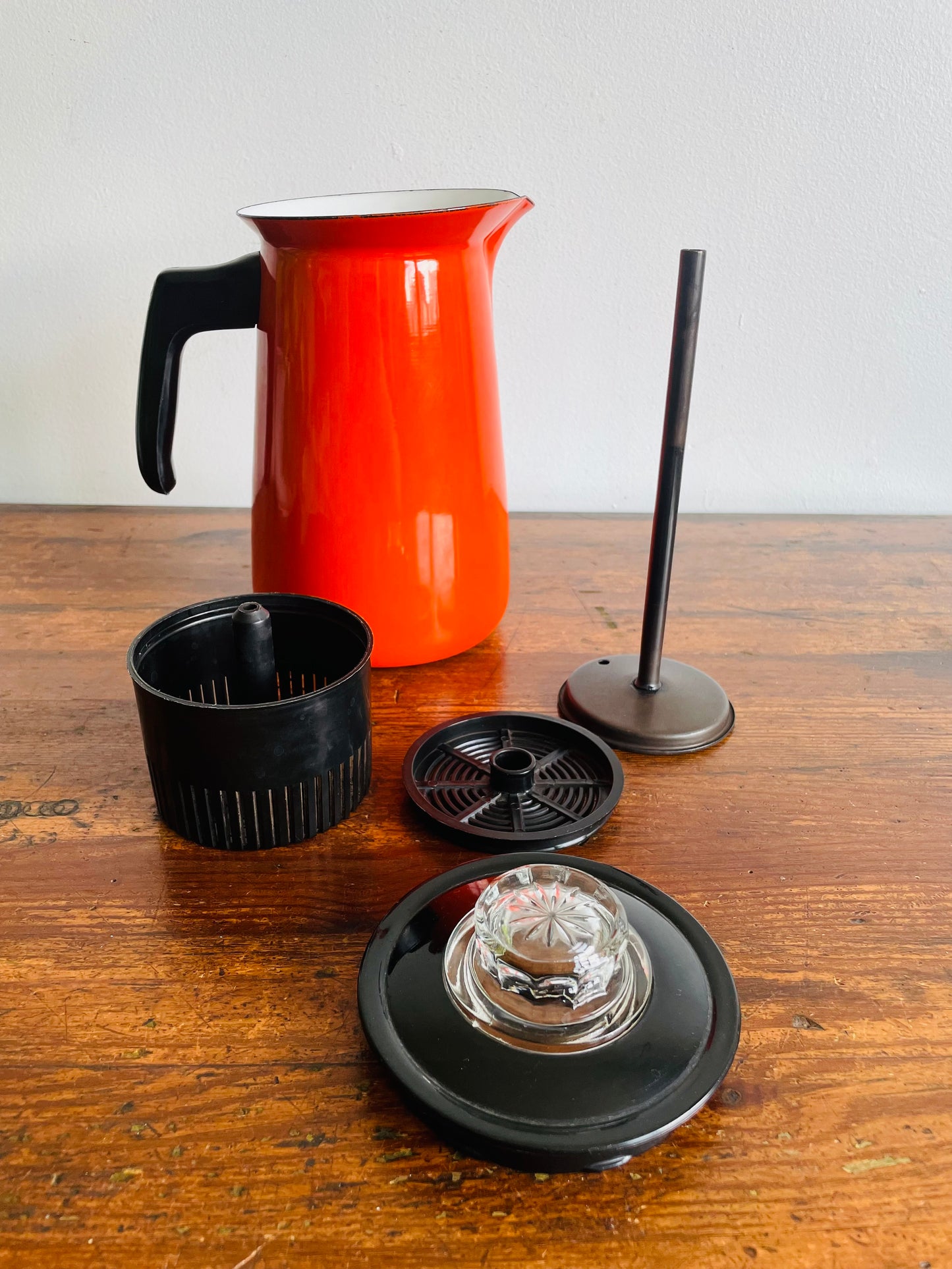 Mid-Century Modern Vibrant Orange Enamel Coffee Percolator or Tea Kettle