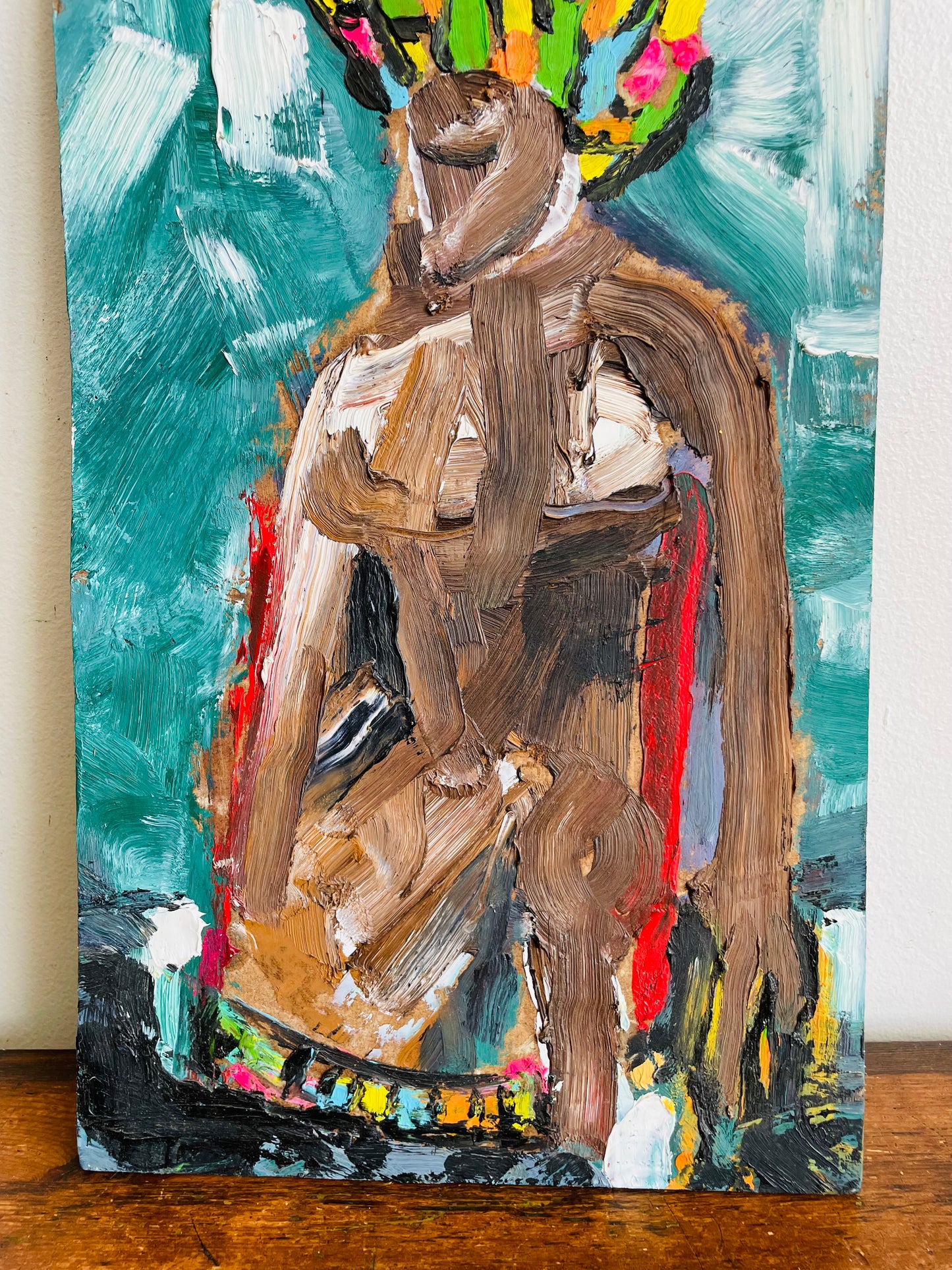 Original Art Abstract Oil Painting on Masonite Board of Nude Woman in Colourful Hat - Purchased from an Artist's Estate in Fort Erie, ON