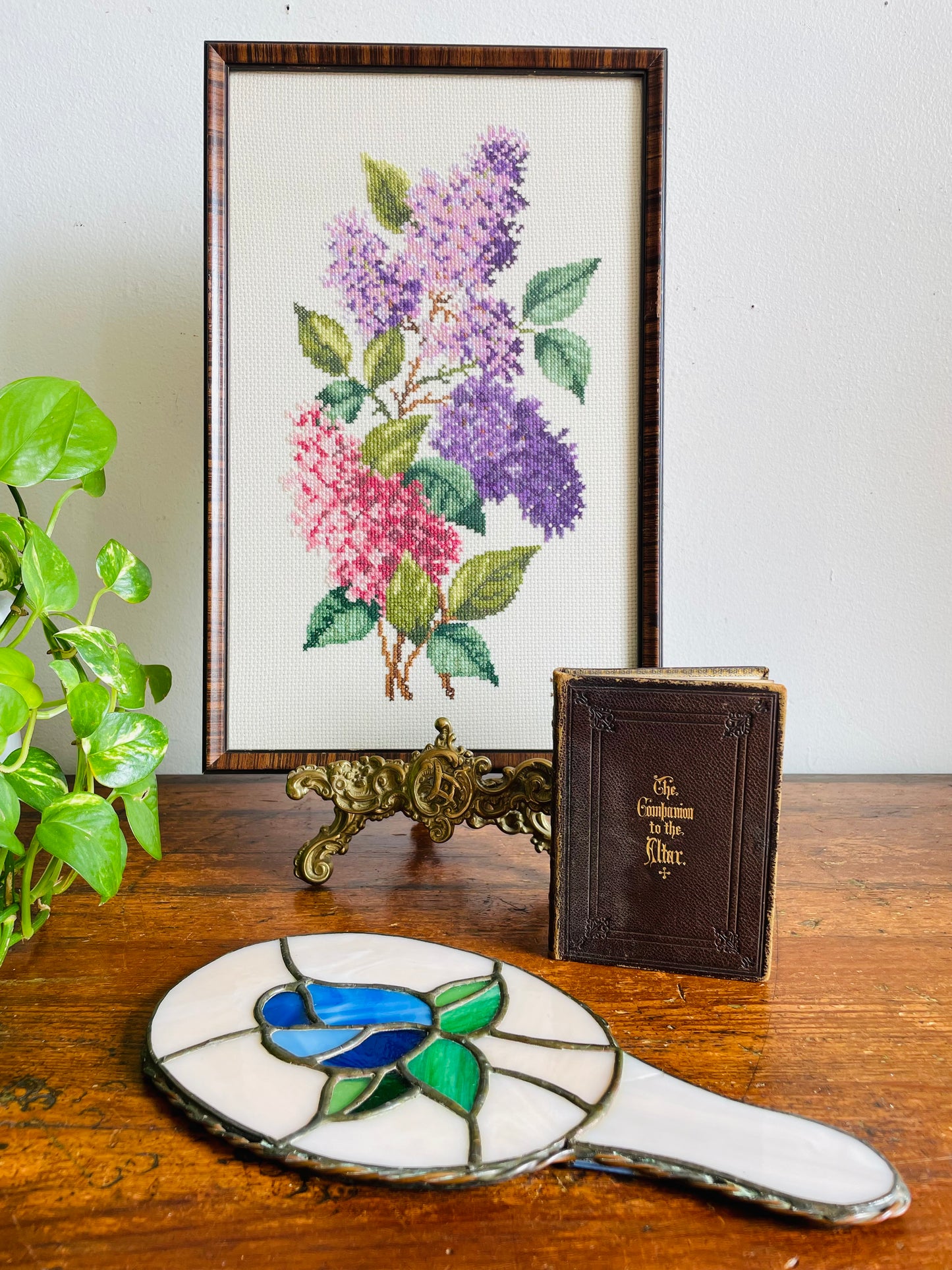 Vintage Stained Glass Handheld Mirror with Blue Rose Flower Design