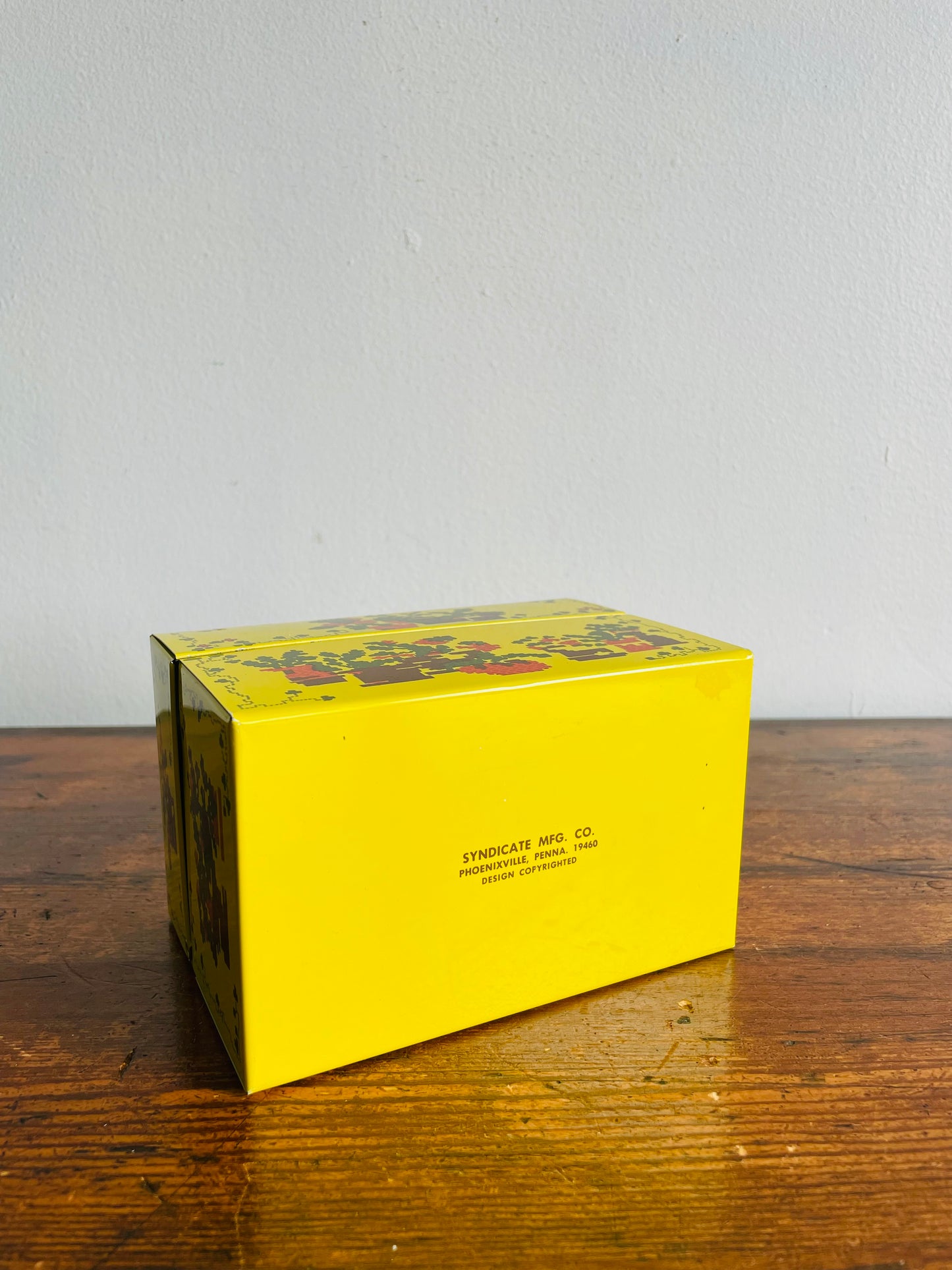 Bright Yellow Recipe Box Tin with Vegetable Garden Design - Syndicate MFG Co. Phoenixville Pennsylvania
