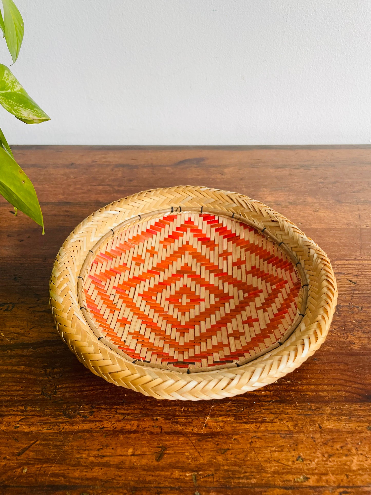 Woven Basket Bowl or Wall Hanging with Orange Design