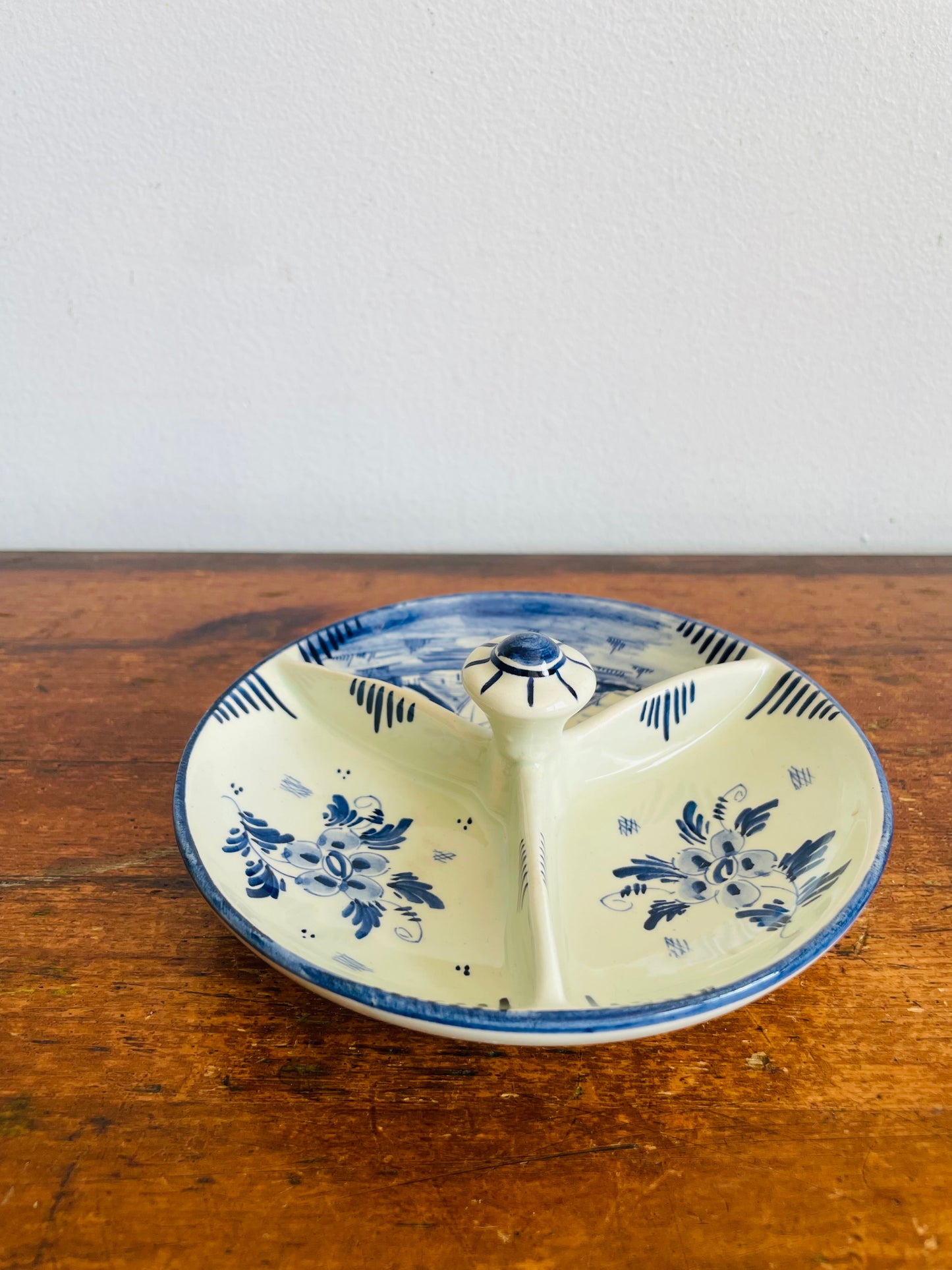 Vintage Delft Blue Hand Painted Divided Trinket Bowl Dish with Handle - Made in Holland