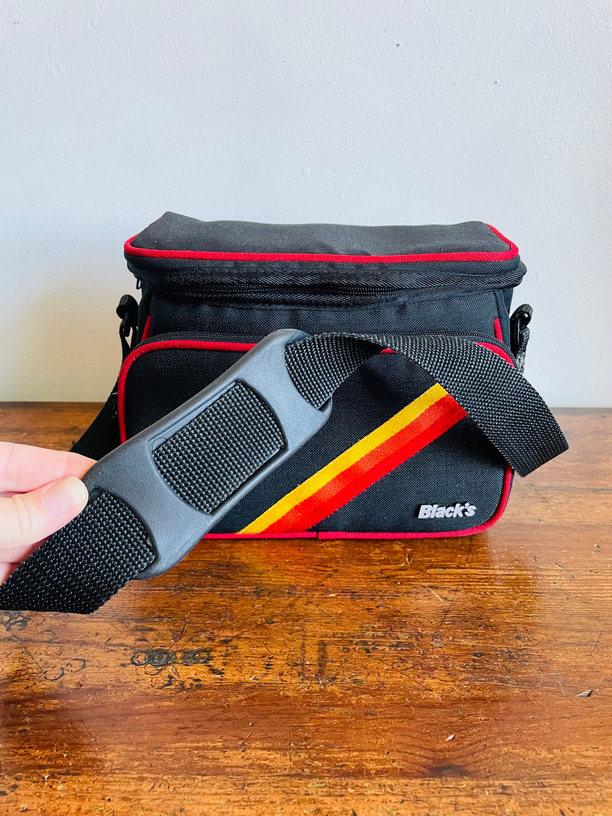 Vintage Black's Photography Camera Shoulder Bag Case with Yellow, Orange & Red Rainbow Stripe Design & Multiple Pockets - Made in Taiwan