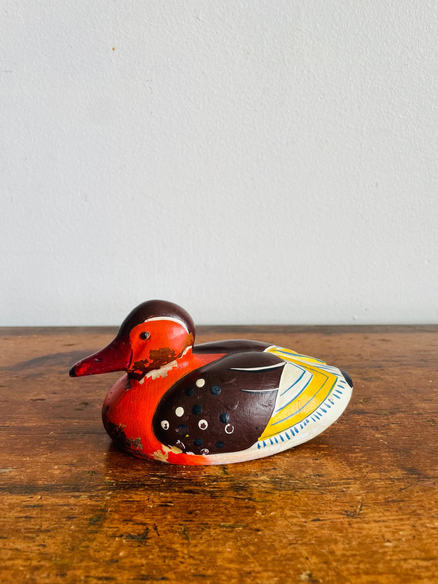 Vintage Small Wood Decoy Duck Figurine with Brightly Coloured Hand Painted Design
