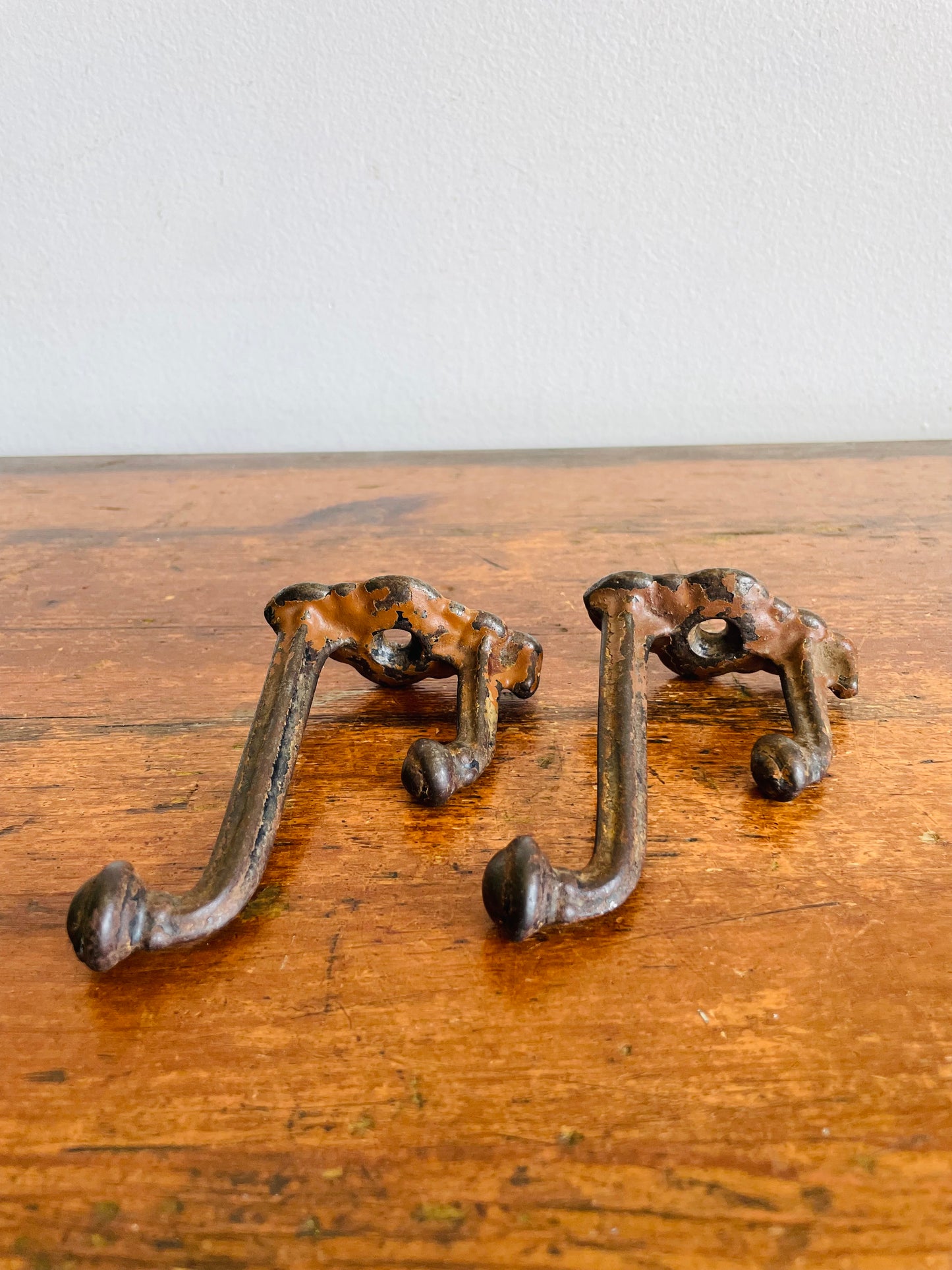 Vintage Black Metal Double Wall Hook Hangers with Chippy Brown Paint - Architectural Salvage / As Found - Set of 2