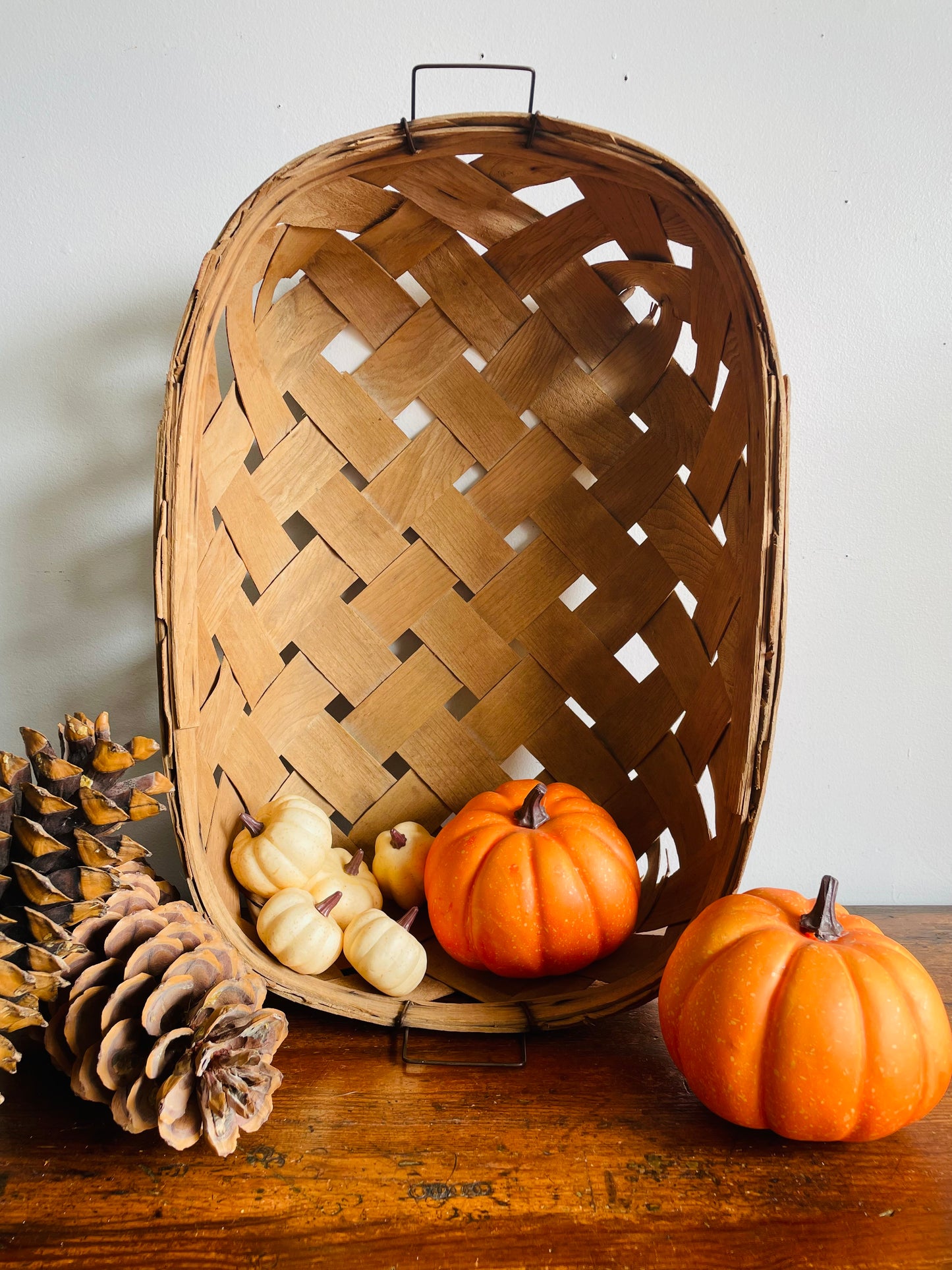 Vintage Oval Woven Wood Wide Slat Basket with Metal Handles - Great Storage & Can Hang Too!