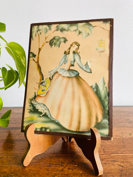 Lithograph Print Picture of Woman in Fancy Dress Posing in Garden - Convex Bubble Glass