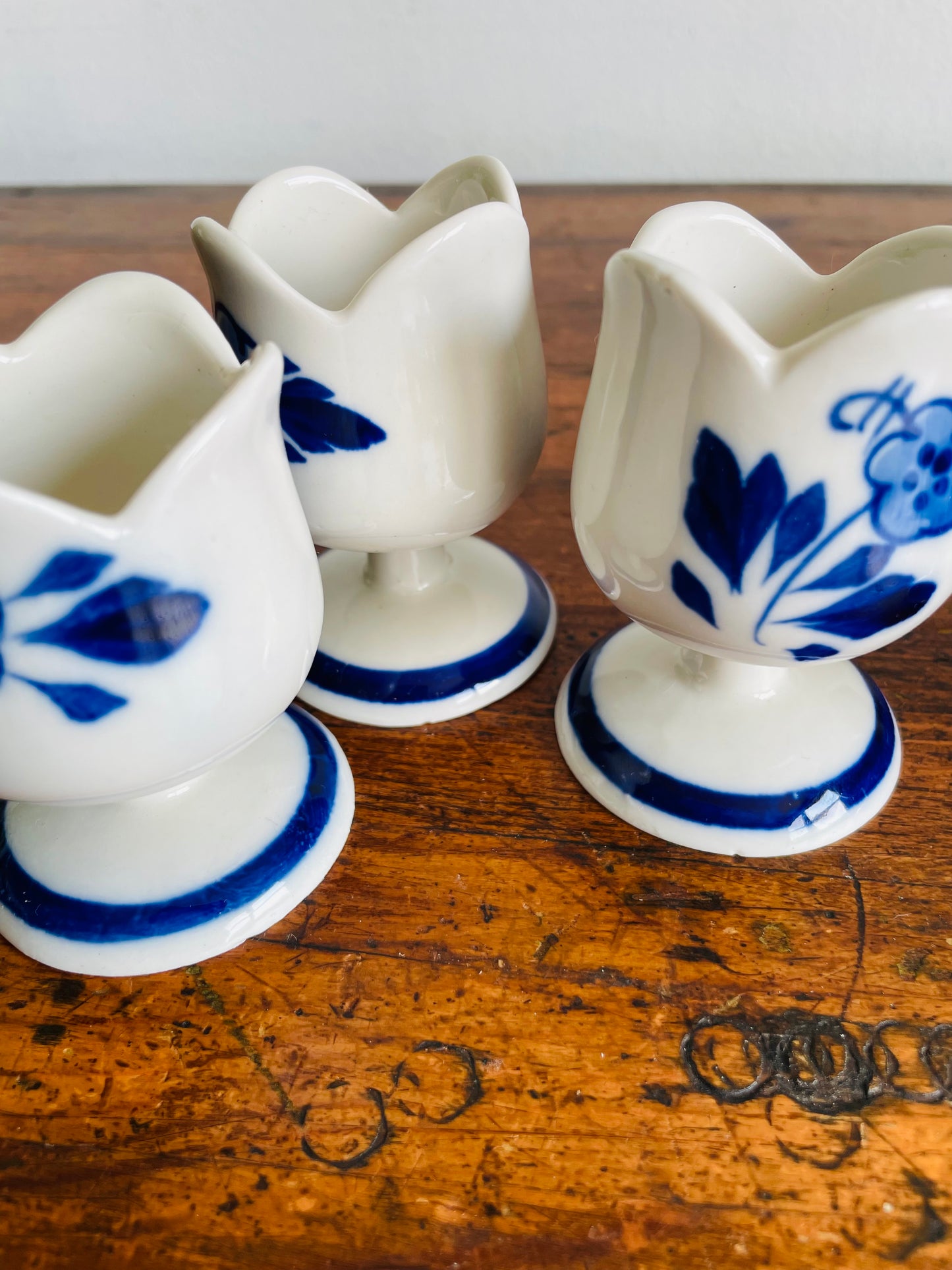 Vintage Hand Painted Delft Blue Tulip Shaped Egg Cup Holders with Flower & Windmill Design - Set of 6