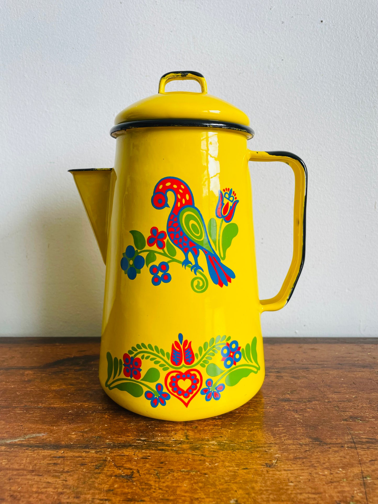 Vintage Bright Yellow Cinsa Enamel Coffee Pot Carafe Pitcher with Colourful Folk Art Bird & Flower Design - Made in Saltillo Mexico