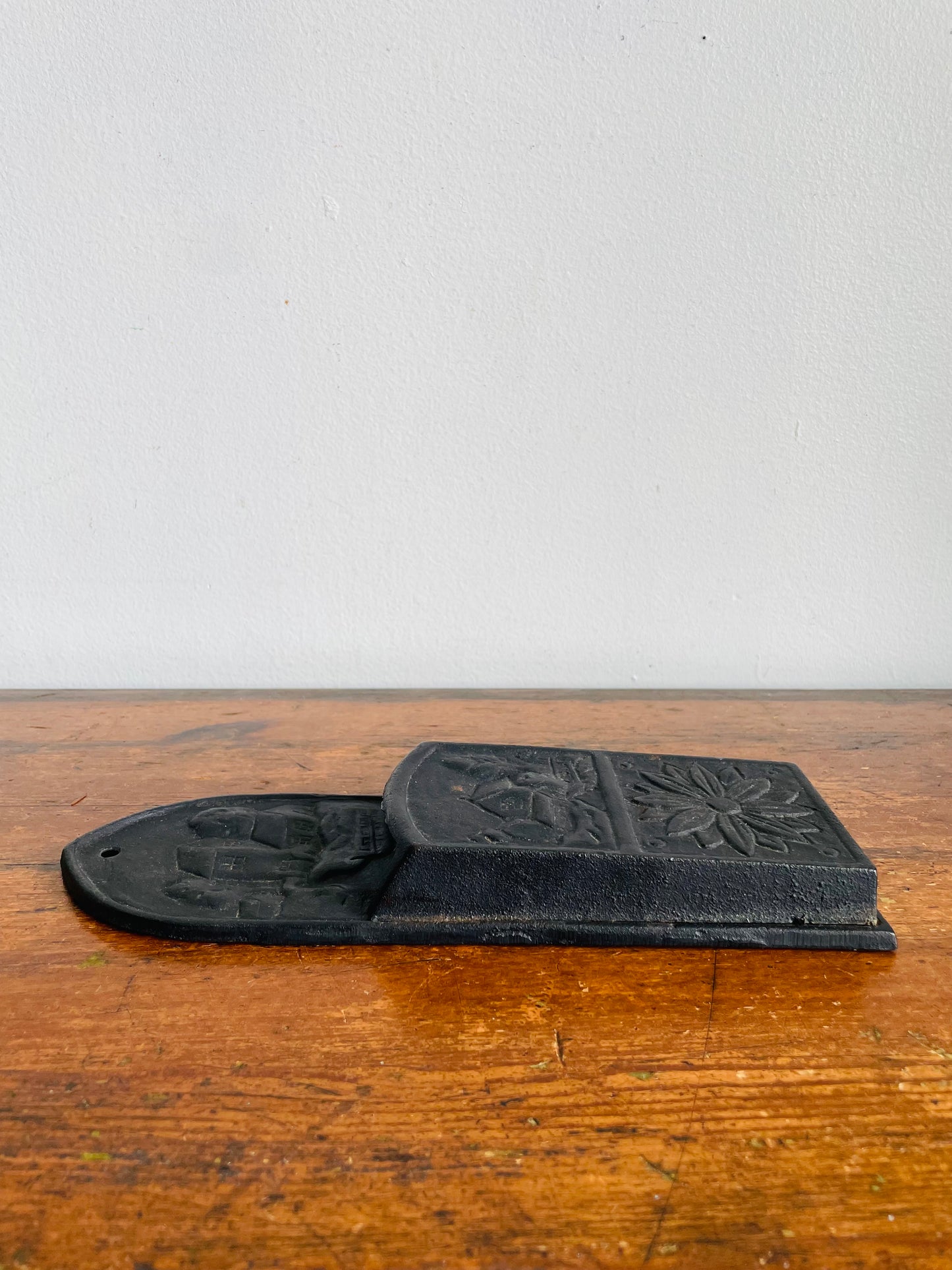 Vintage Cast Iron Wall Pocket Hanging Match Safe Holder with Flower, Barn & House Design