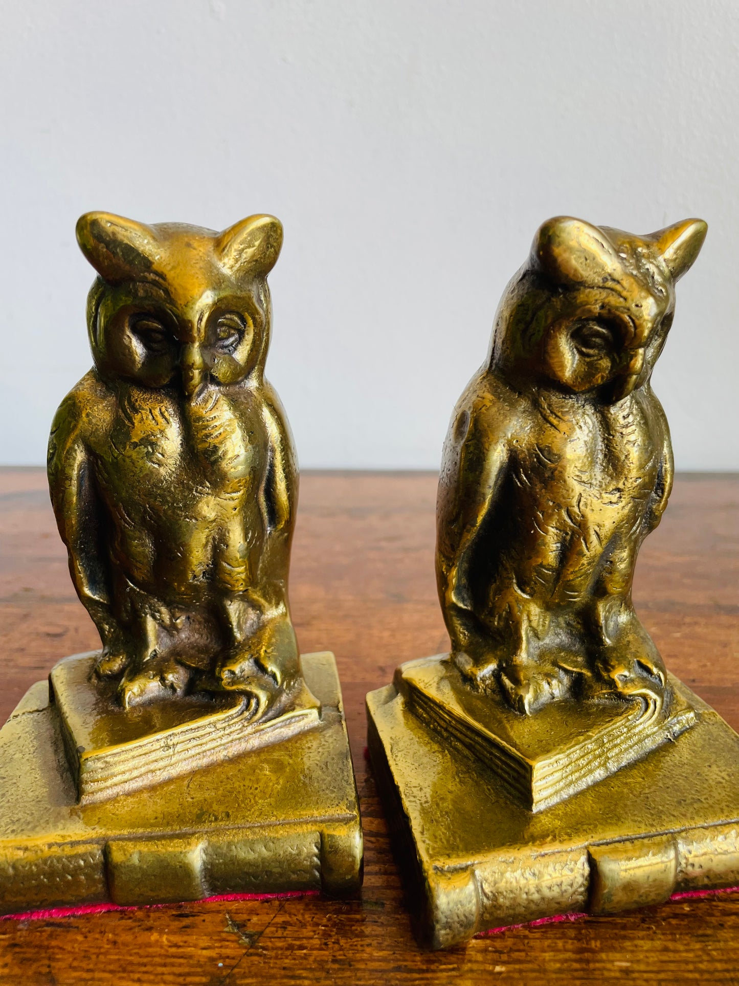 Vintage Solid & Heavy Brass Wise Owls on Stack of Books Bookends - Set of 2