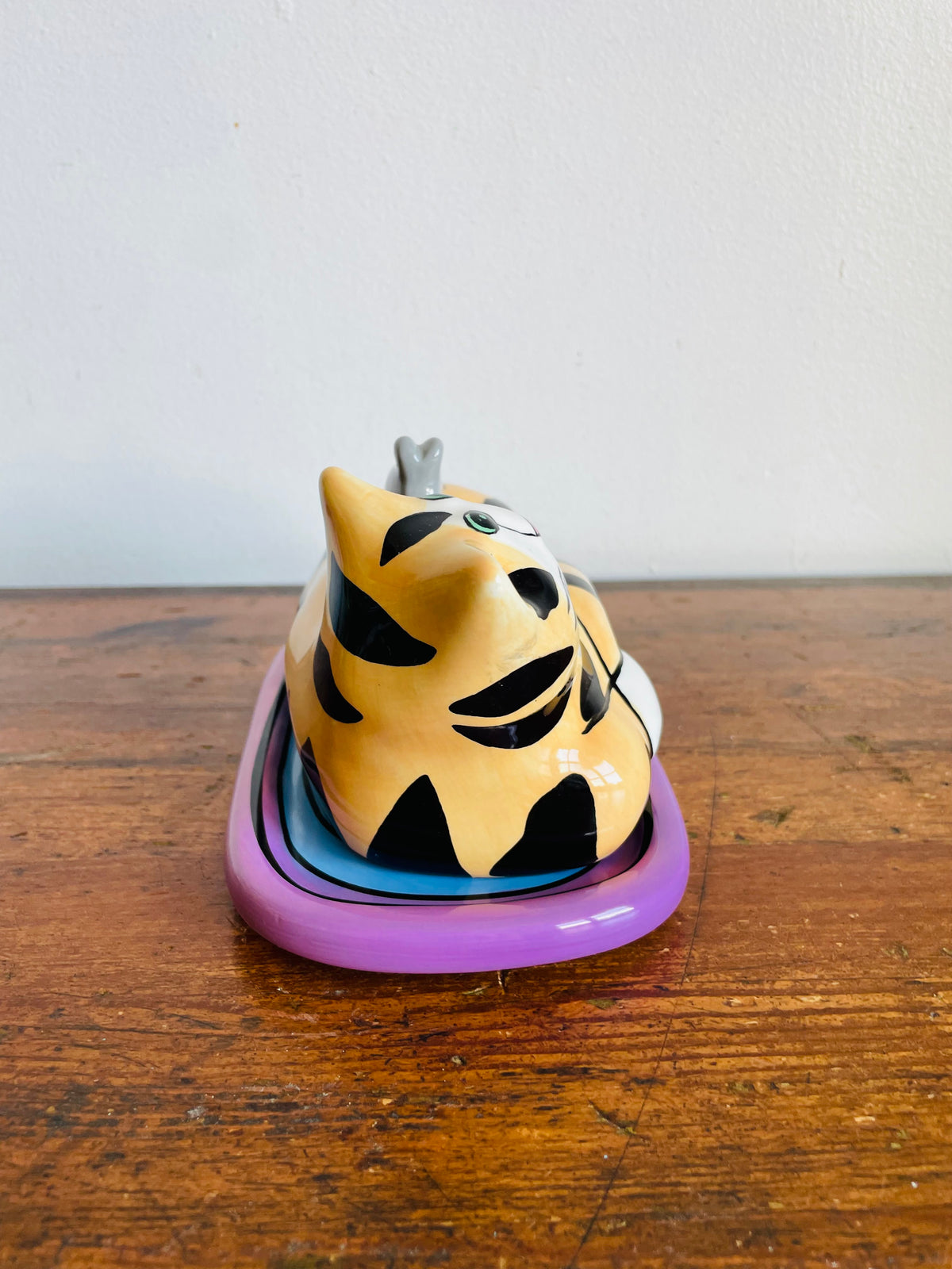 Vintage 2002 Bright & Fun Catzilla Striped Orange Cat & Mouse Butter Dish - Candace Reiter Designs - Whimsical Home Decor