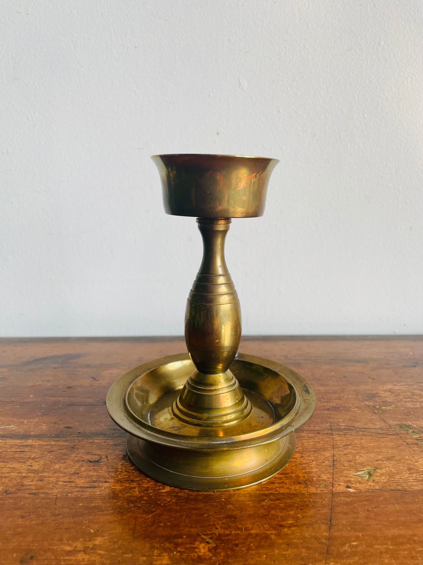 Vintage H Solid Brass Handmade Chamberstick Candle Holder with Spike - Can Hold Thicker Tapers - Made in India