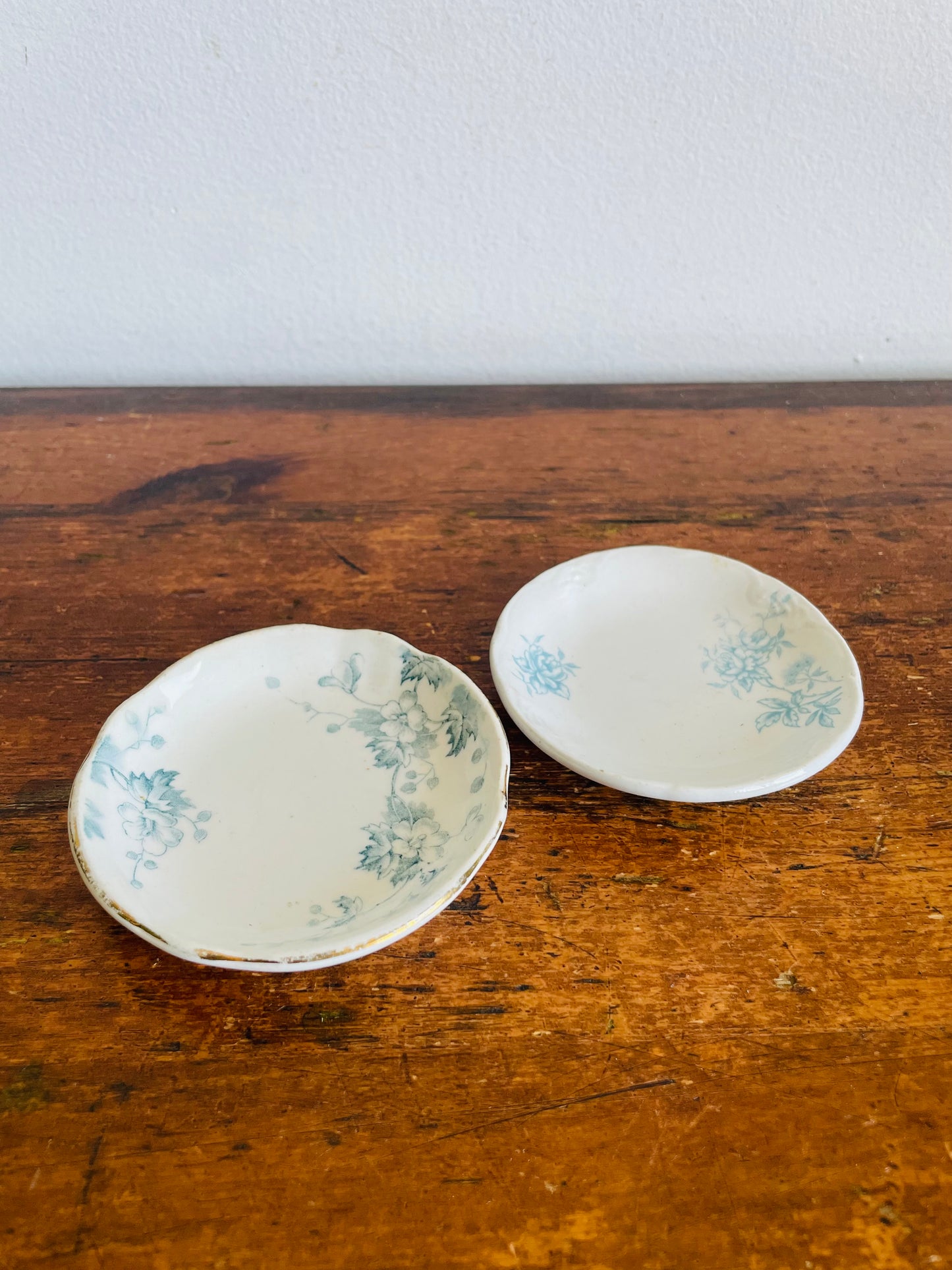 Vintage Miniature White Butter Pat Dishes with Blue Floral Design - Made in England - Set of 2