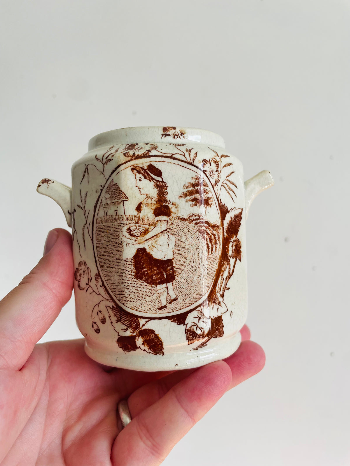 Antique Late Victorian 1880-1890 "Little May / Mae" Pattern 753 Sepia Brown Transferware Children's Toy Tea Set - Charles Allerton & Sons England - Plates, Bowl, Creamer, Biscuit Jar & Teapot - Set of 6 Pieces