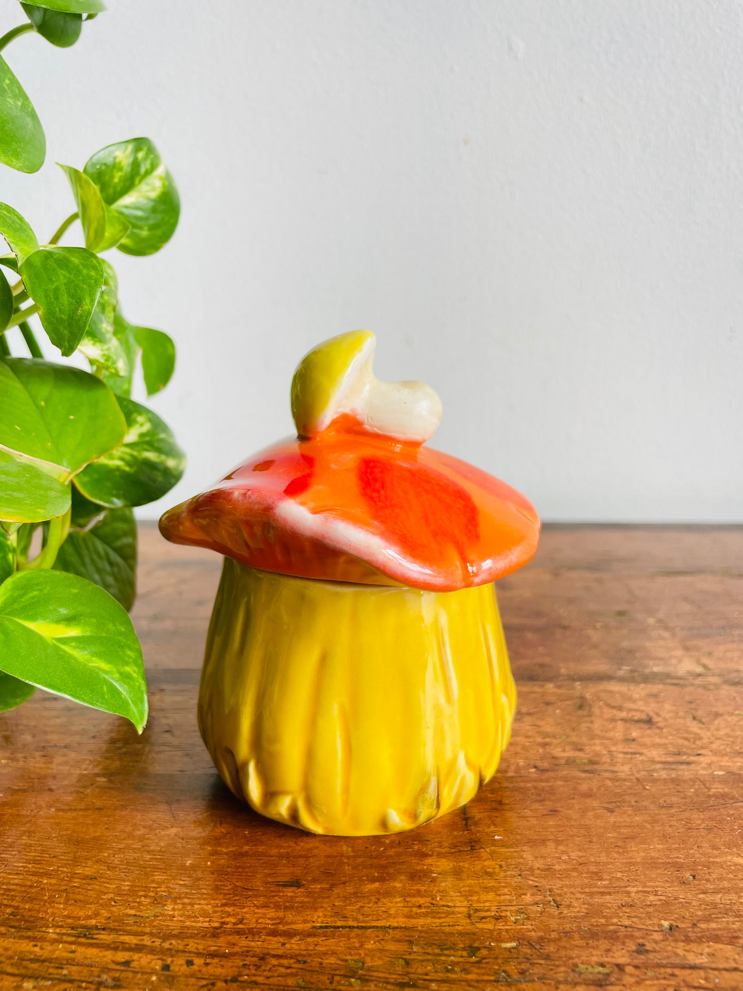 Vintage Bright & Fun Merry Mushroom Canister with Lid & Hole for Spoon - Sugar, Jam, Jelly, Etc. - Made in Japan