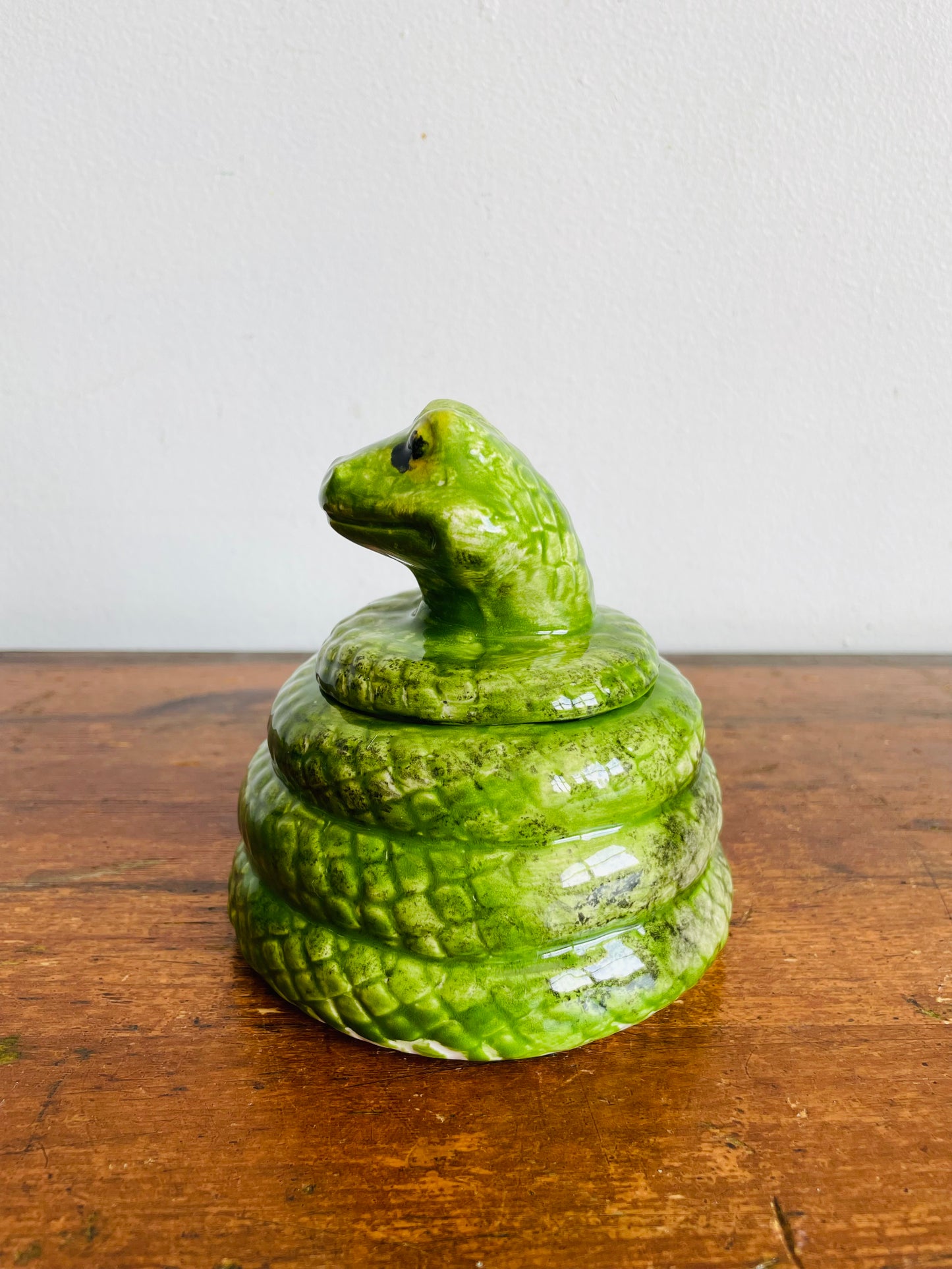 Adorable Hand Painted Green Ceramic Coiled Snake Jar with Lid