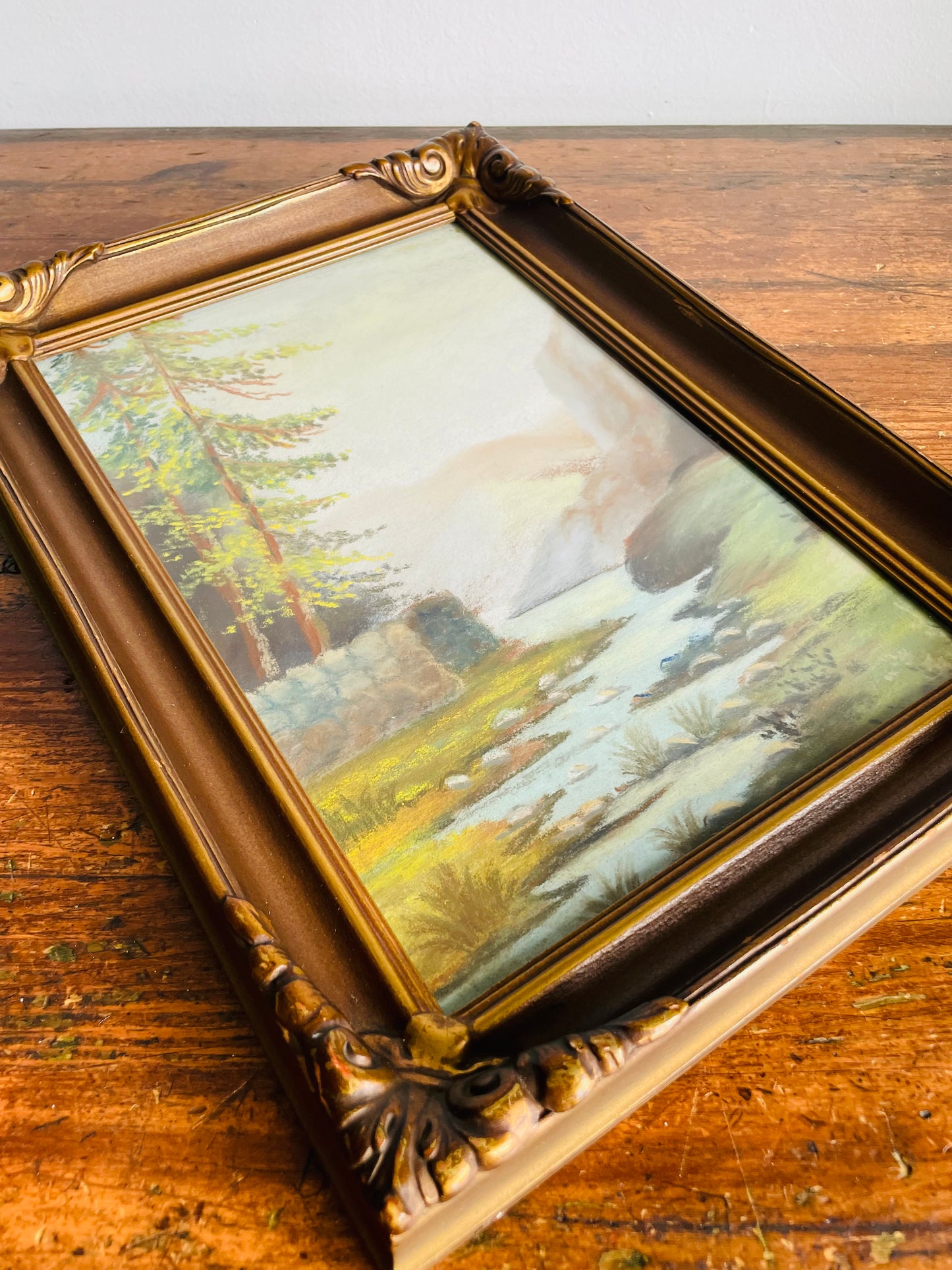 Antique Pastel Painting Picture in Ornate Frame - Landscape Nature Scene of Mountains, Forest & Stream