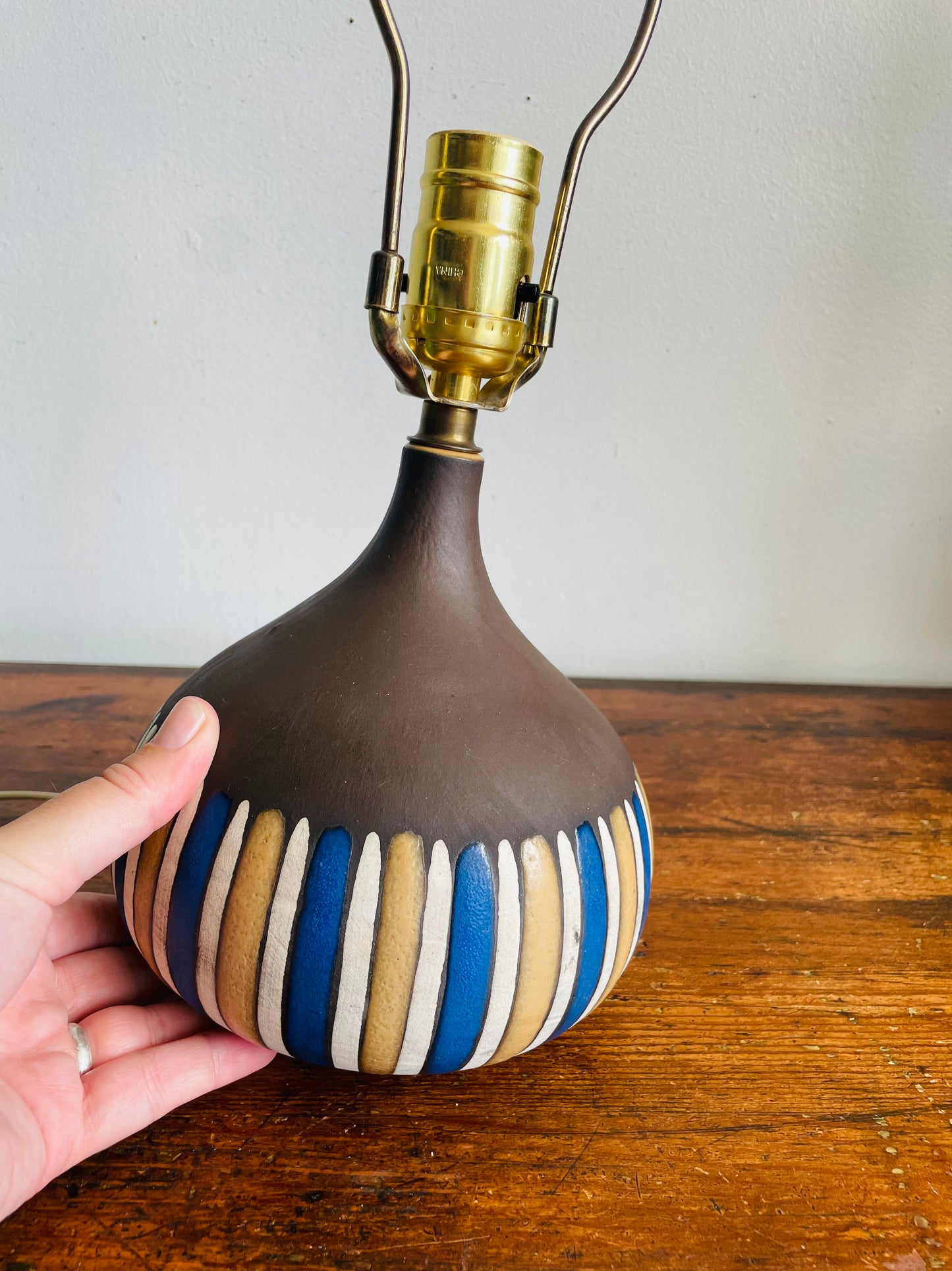 Vintage Mid-Century Modern Style Clay Pottery Lamp with Blue, Tan & Cream Lines Design - Tested / Works!