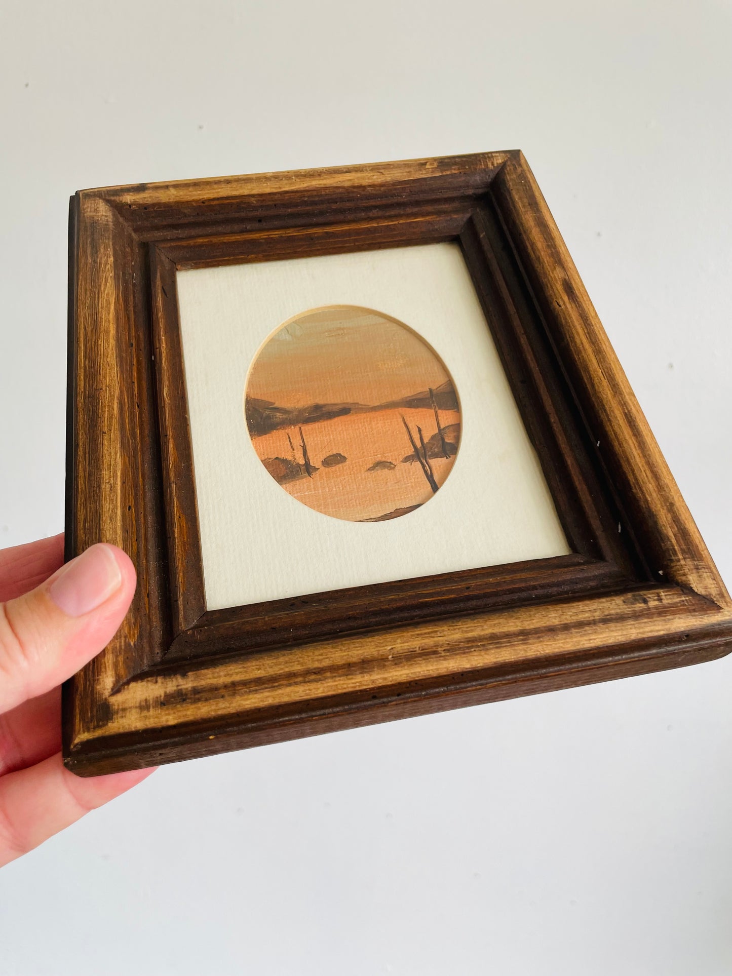 Vintage Original Art Oval Painting Picture of Lake & Mountains - Painting Found in Venice, Italy