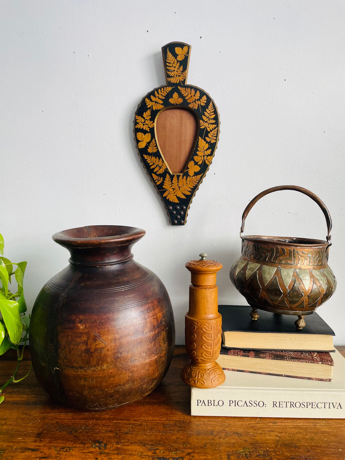 Vintage / Possibly Antique Turkish Hammered Copper Cauldron Pot with Brass & Mixed Metal Geometric Design & Swing Handle - Makes a Great Planter!