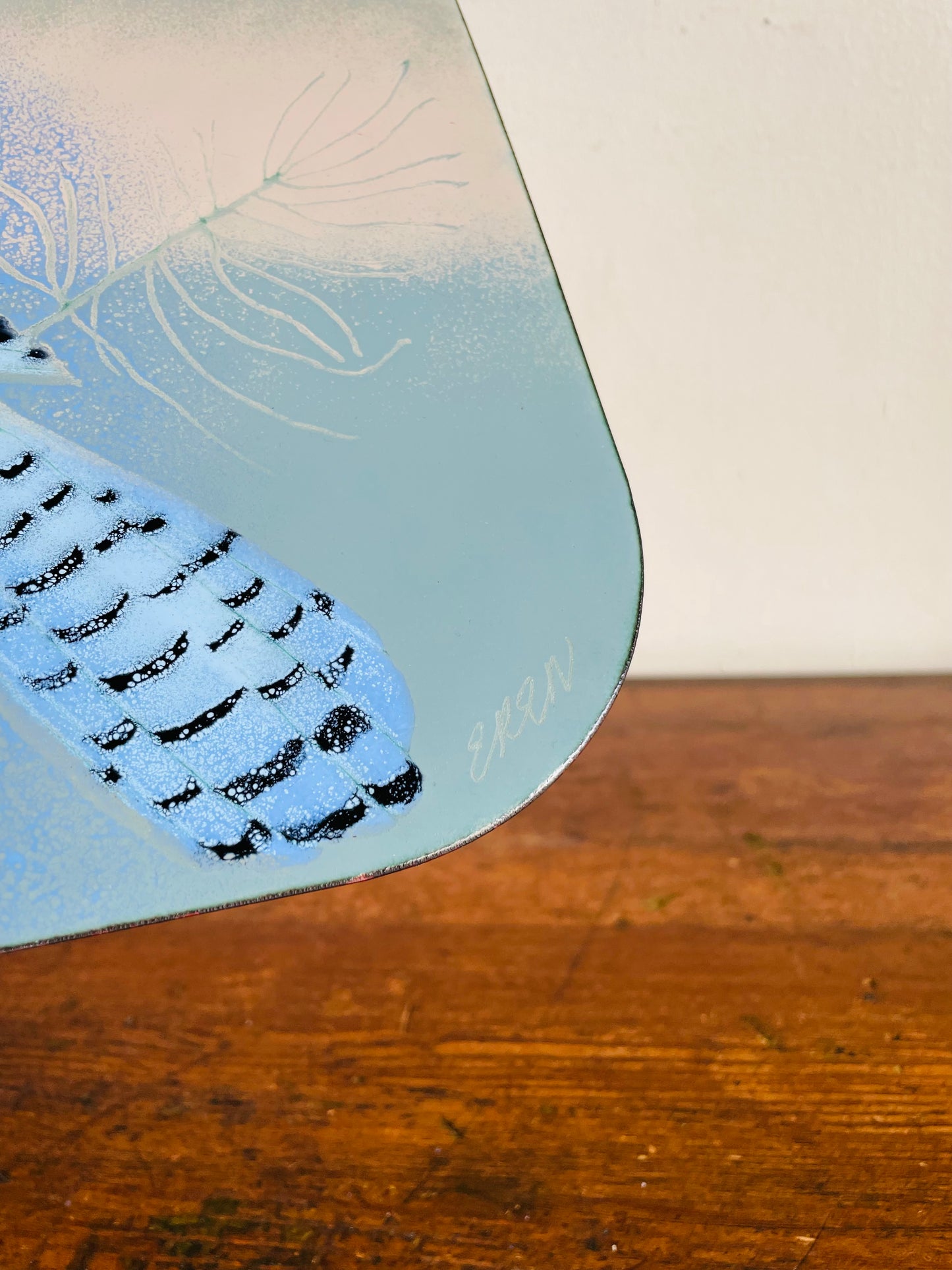 Vintage Hand Enamel on Copper Wall Plaque Picture - Signed by Canadian Artist B. E. Eren - Blue Jay Bird - Made in Canada