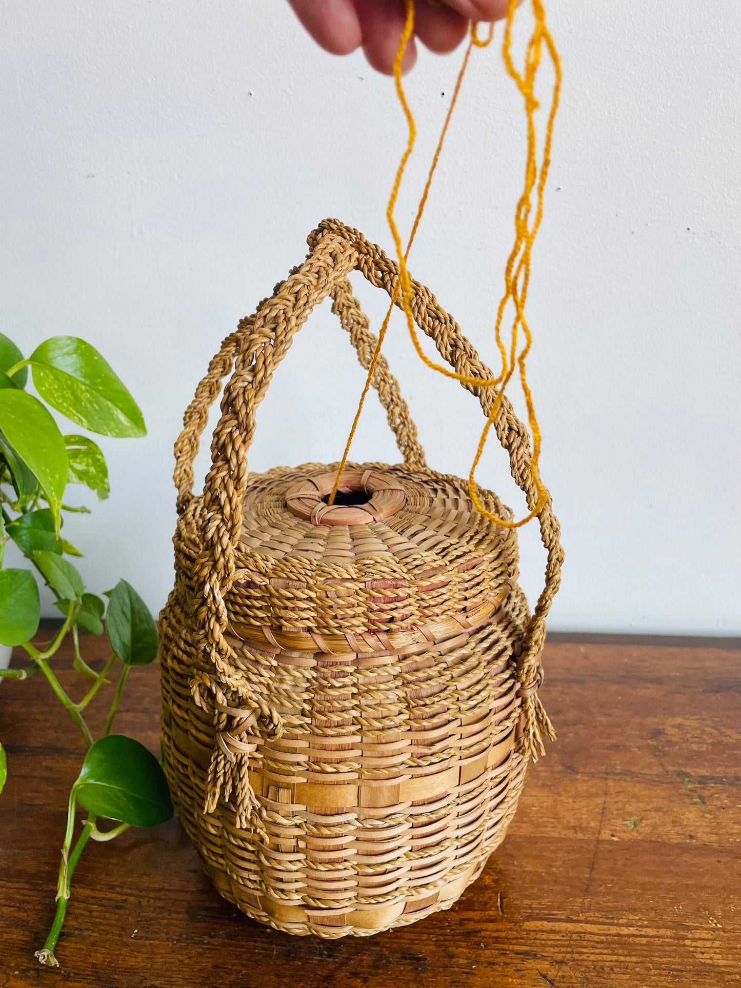 Vintage Indigenous Woven Ash Wood & Sweet Grass Yarn Holding Basket with Braided Handles & Lid - Hole in Lid to Pull Yarn Through