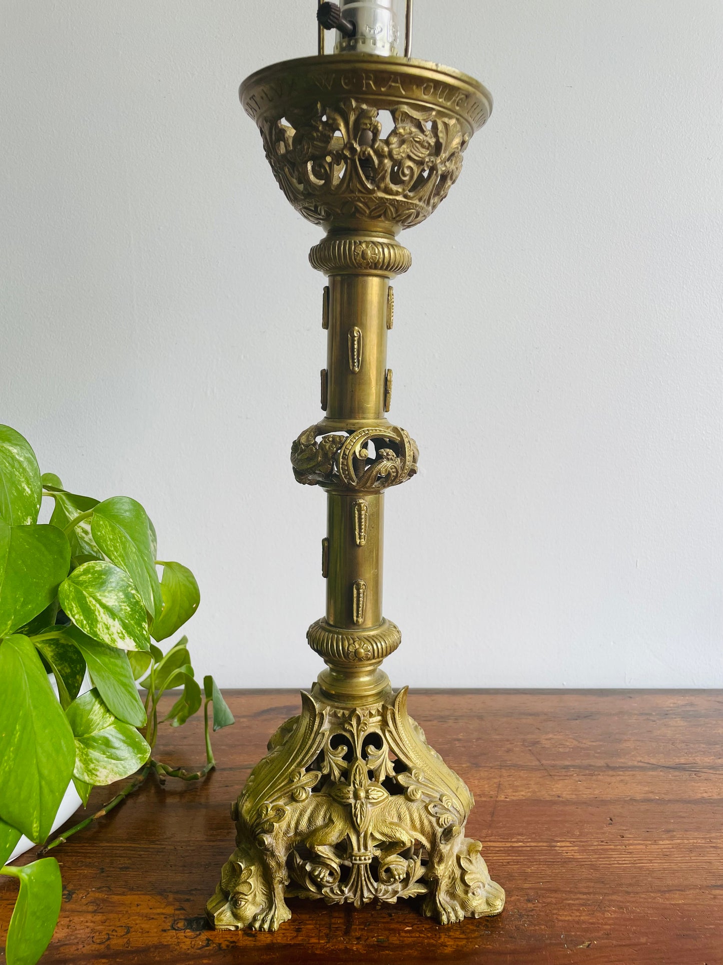 Antique Heavy Solid Brass Church Altar Candle Holder Turned Into Lamp - Originally from Montreal