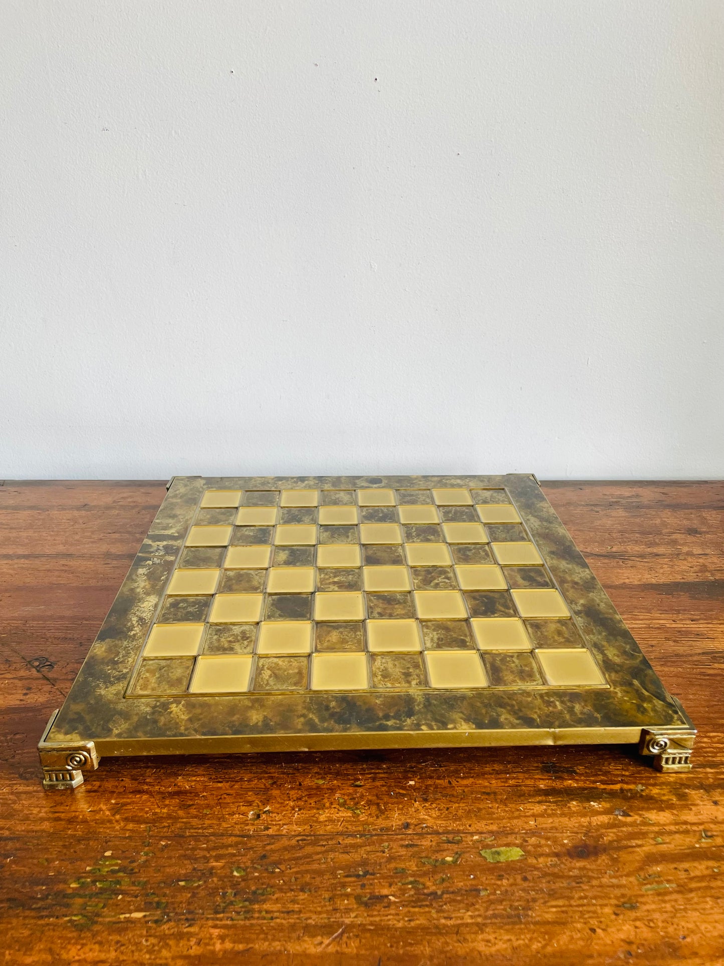 Footed Solid Brass Chessboard with Marbled Design - Great for a Game, Staging, Tray, Background, Etc.