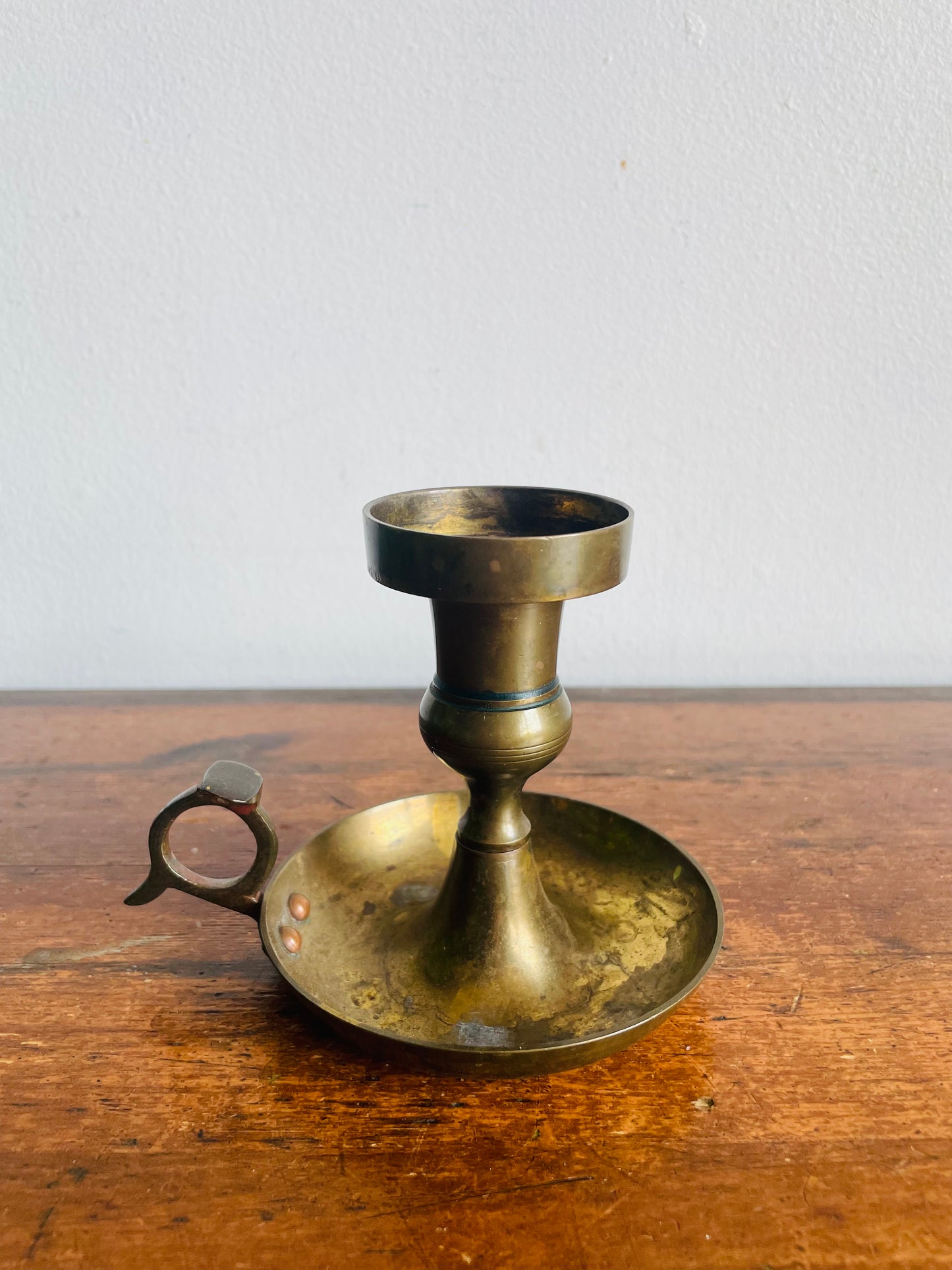 Vintage Solid Brass Chamberstick Candle Holder with Aged Patina