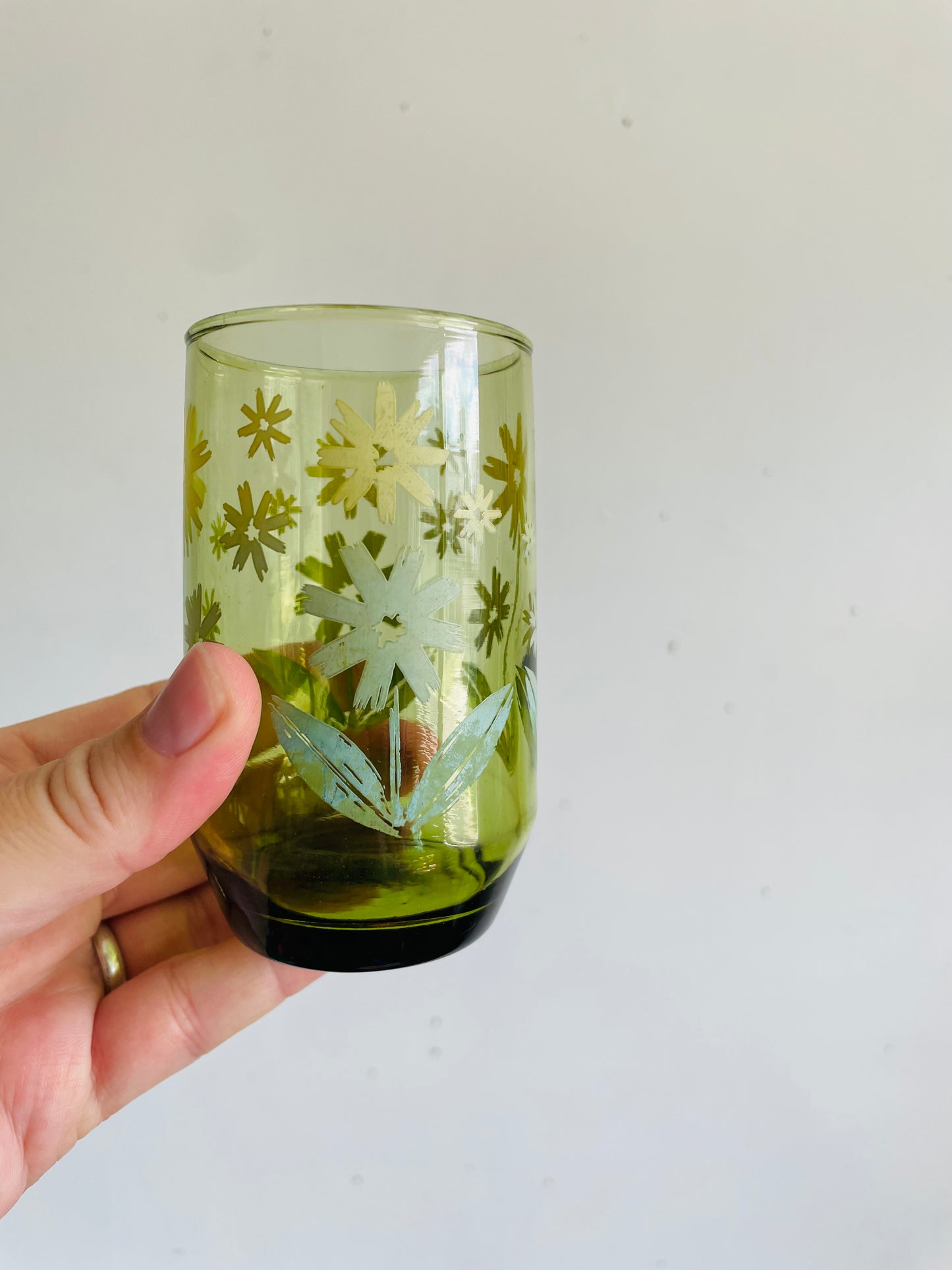 Vintage Green Glass Juice Glasses with Fun Daisy Flower Design - Set of 2