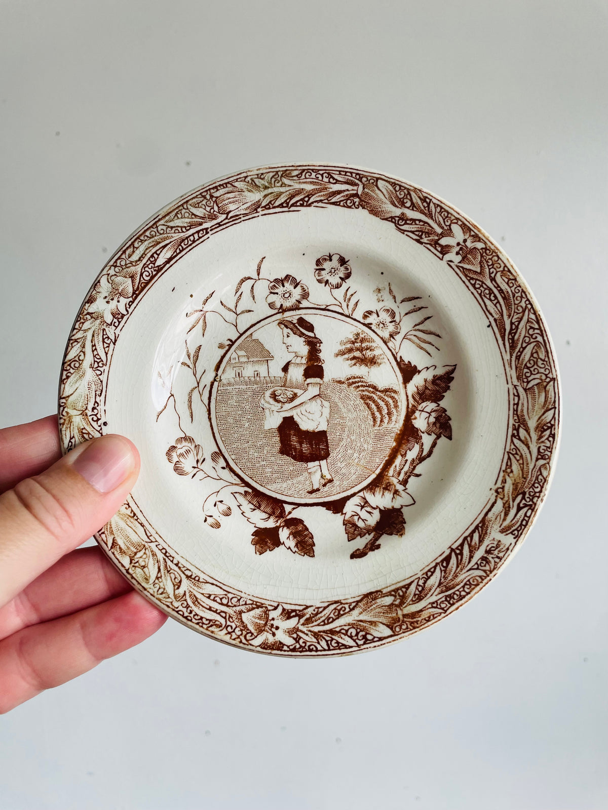 Antique Late Victorian 1880-1890 "Little May / Mae" Pattern 753 Sepia Brown Transferware Children's Toy Tea Set - Charles Allerton & Sons England - Plates, Bowl, Creamer, Biscuit Jar & Teapot - Set of 6 Pieces