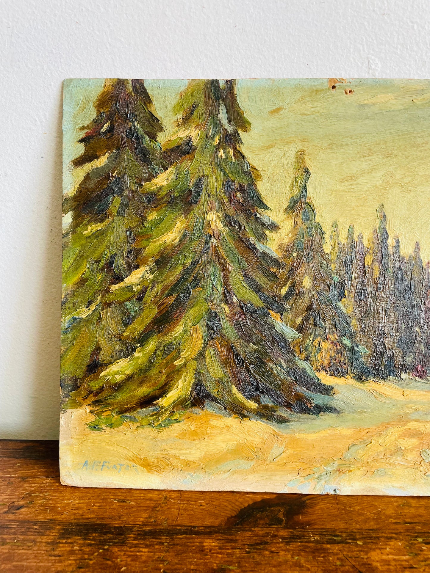 Antique Original Art Painting of Fir Tree Forest in Winter on Board - Artist Signed - Purchased from Great-Nephew of Artist in Haliburton, ON