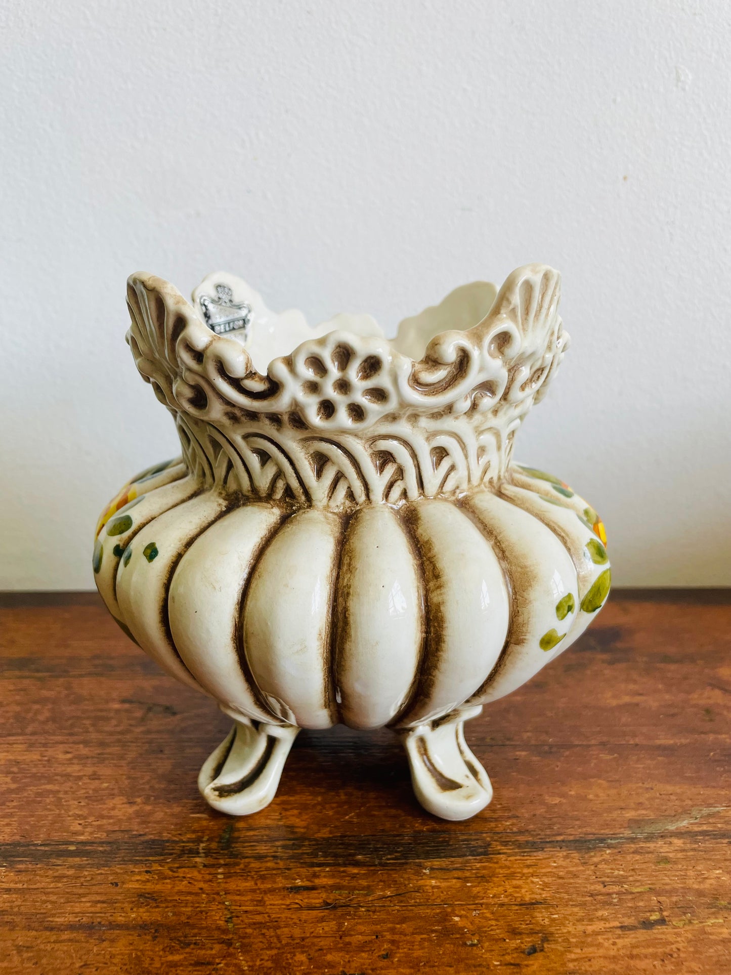 Vintage Belfor Hand Painted Italian Pottery Planter Pot with Floral Design - Made in Italy