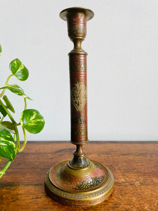 Vintage Solid Enamelled Brass 9" Tall Candle Holder