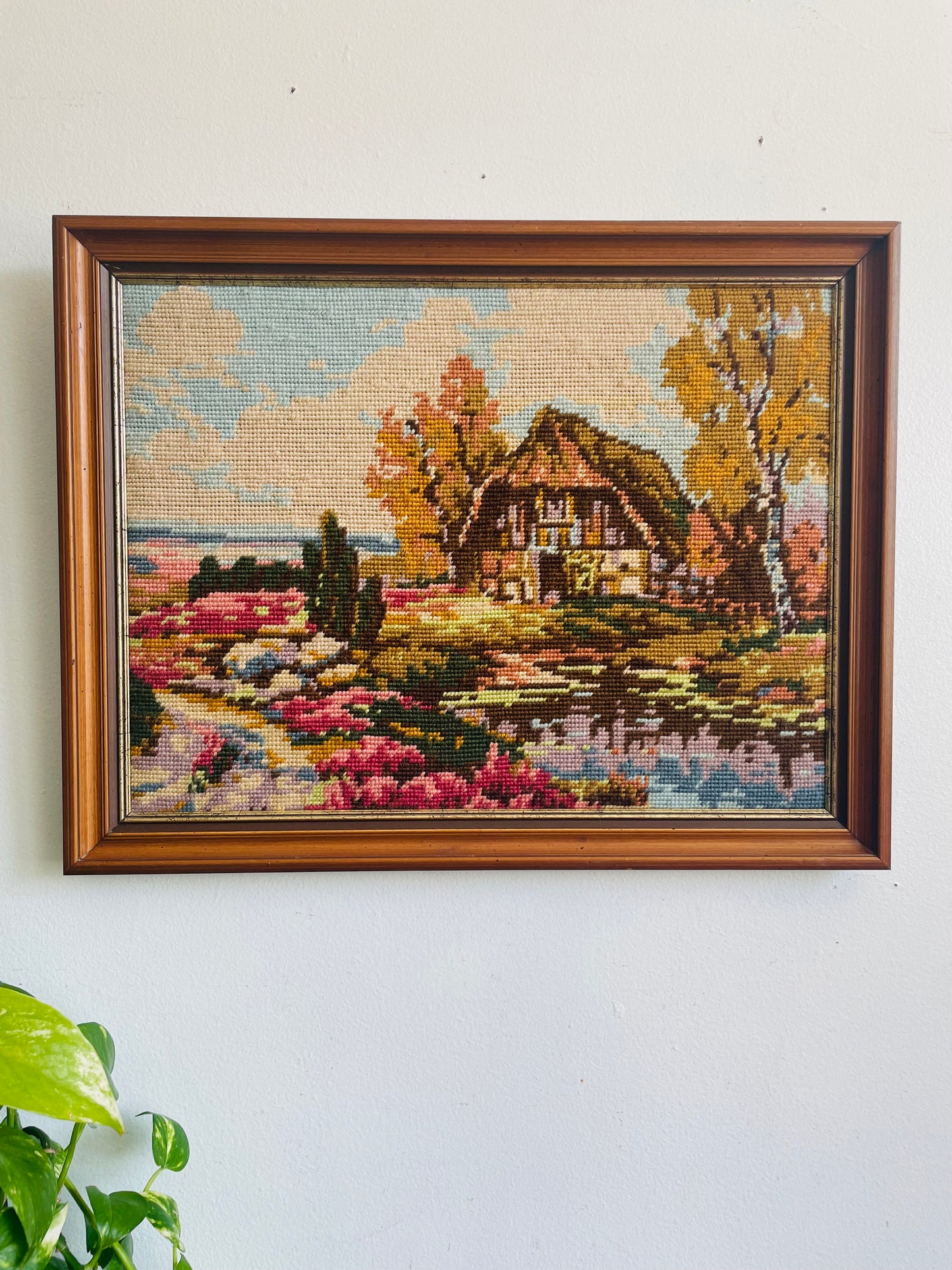 Vintage Needlepoint Embroidery Picture of Thatched Roof Cottage in Countryside with Beautiful Gardens