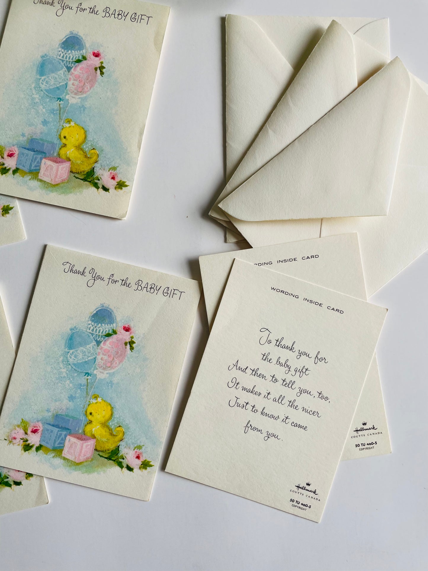 Vintage Collection of Unused Thank You For The Baby Gift Cards - Hallmark Coutts Canada - 4 Cards / 3 Envelopes