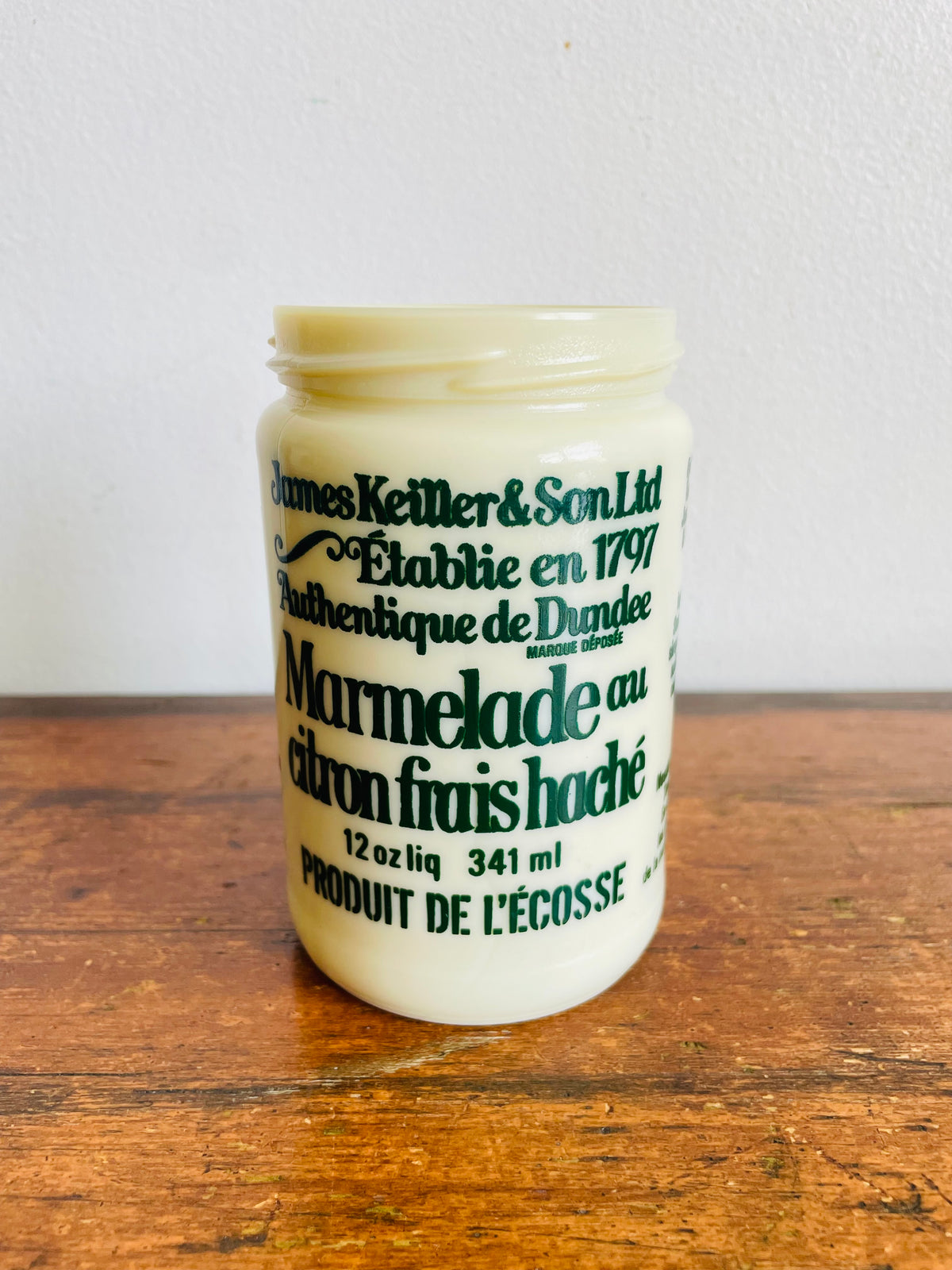 Vintage James Keiller & Son Ltd. Roughcut Lemon Marmalade Milk Glass Jar - Green Font In English & French for Canadian Distribution - Product of Scotland