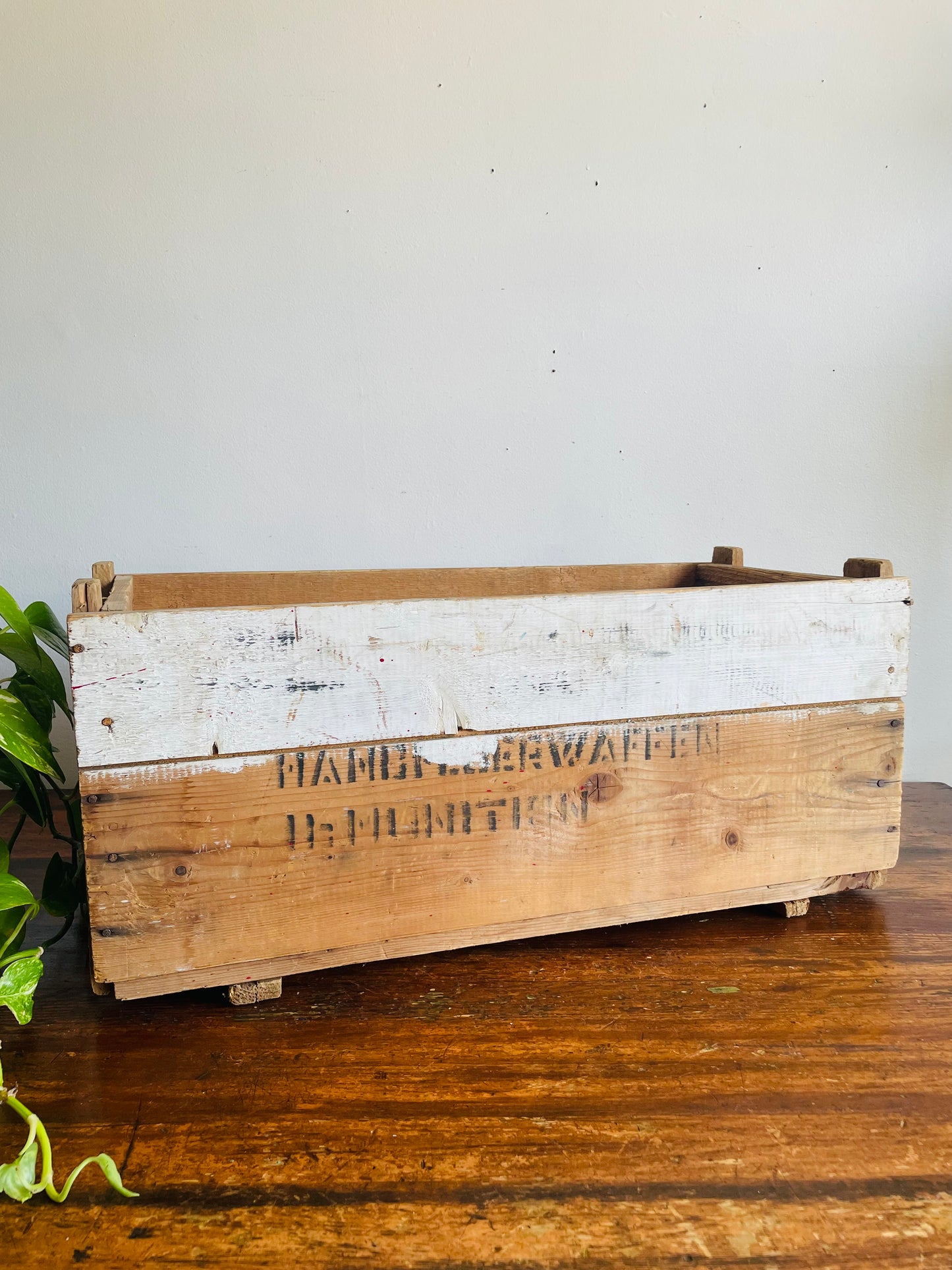 Vintage Large Wood Military Storage Crate with German Stencilled Writing - "Handfeuerwaffen Munition" (Handgun Ammunition)