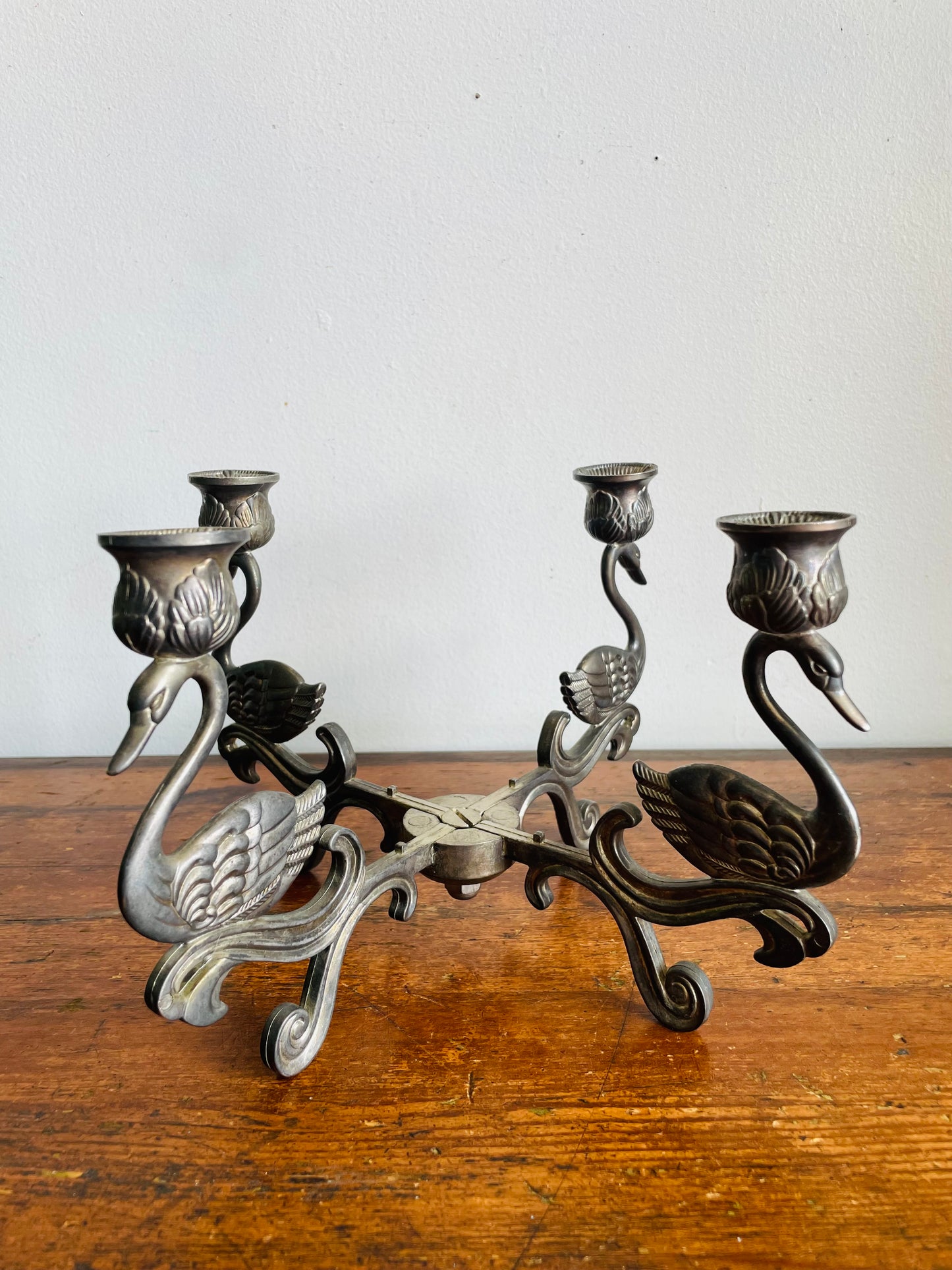 Vintage 1980s Art Deco Style Swimming Swan Birds Silver Plate Candelabra - 4 Point Candle Holder with Centrepiece Bowl Space