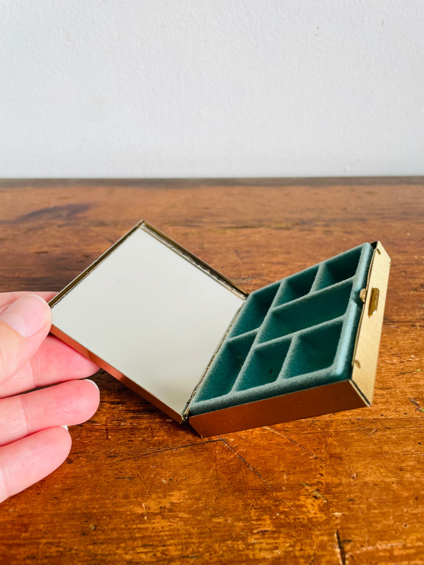 Vintage Brass & Enamel Travel Pocket Case with Divided Jewellery or Pill Organizer Compartment & Mirror - Snowy Winter Night Scene - Made in Vancouver Canada