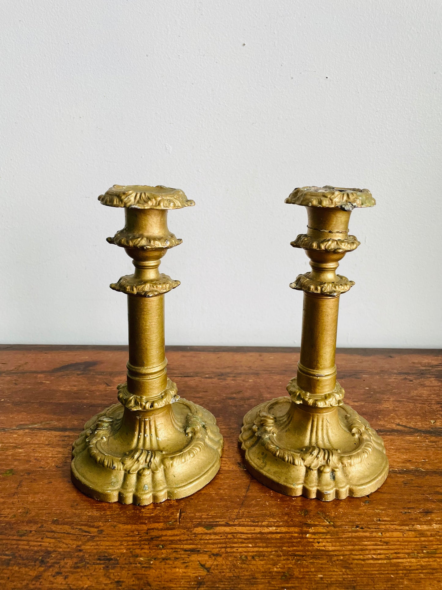 Vintage / Possibly Antique Iron Candle Holders with Plaster & Gold Finish - Very Sturdy & Solid - Set of 2