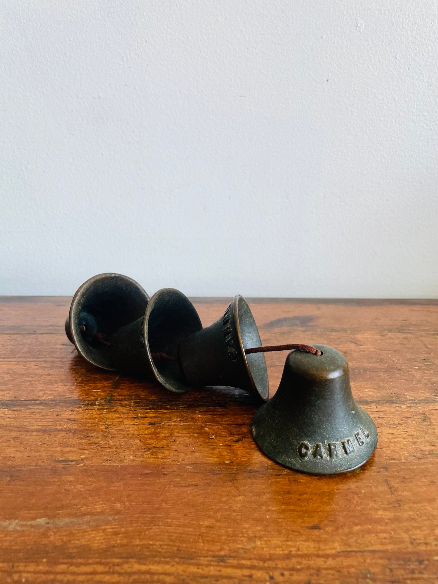 Vintage Carmel California Mission Hanging Bells - Set of 4 on Rope - Heavy & Solid with Aged Patina