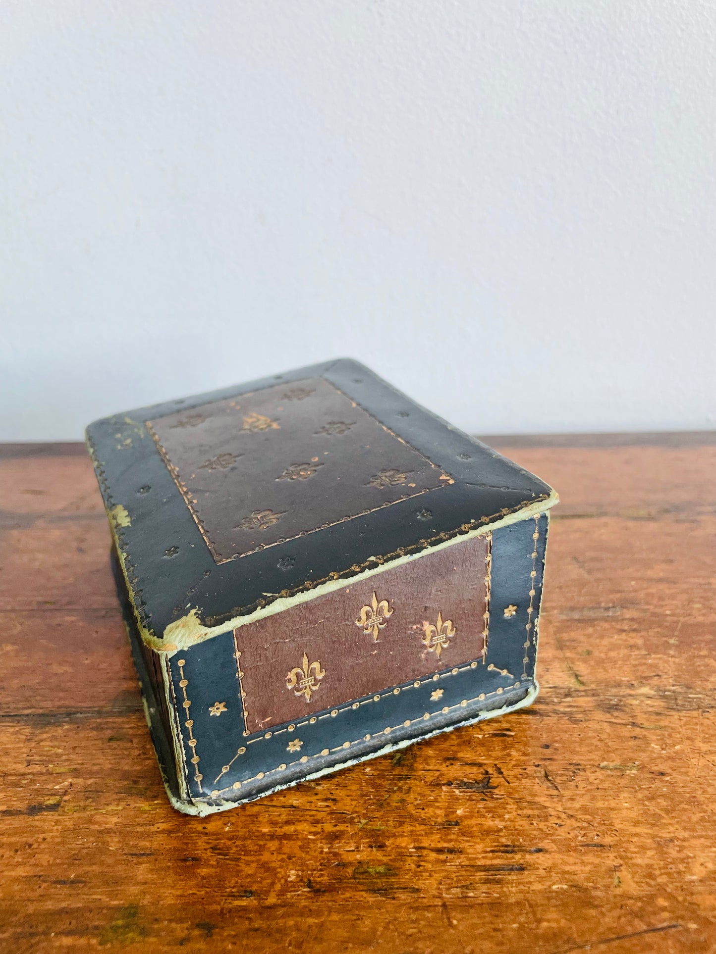 Vintage Black & Brown Italian Tooled Leather Box with Sloped Design & Hinged Lid - Wood Interior