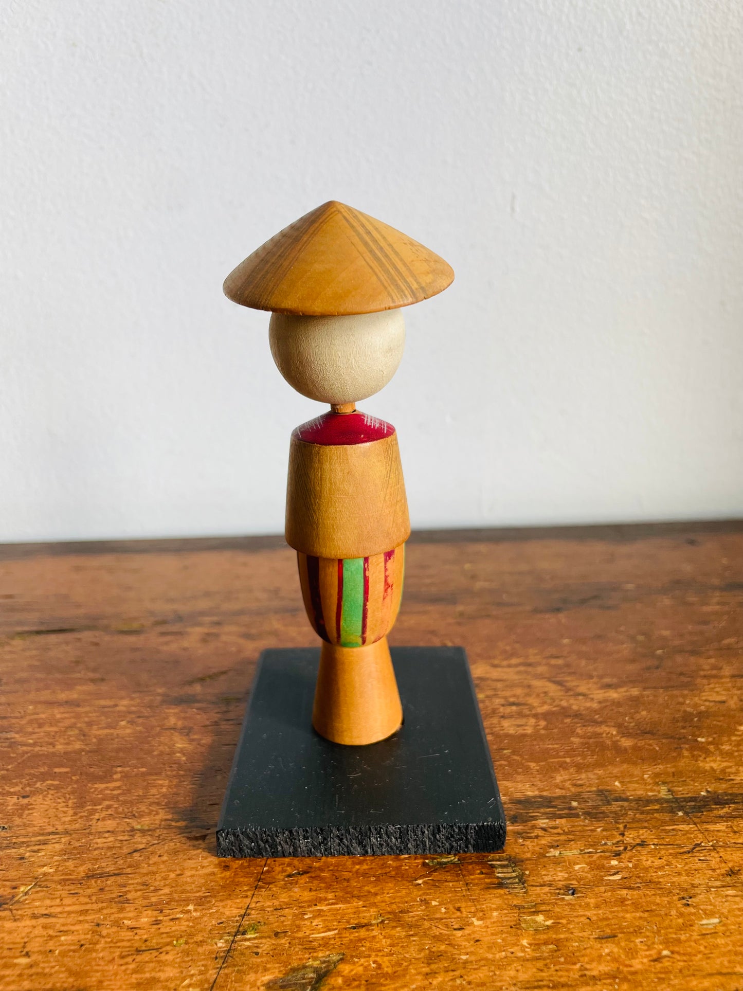 Vintage 5" Tall Japanese Wooden Kokeshi Bobblehead Doll with Maroon Dress & Hat on Base