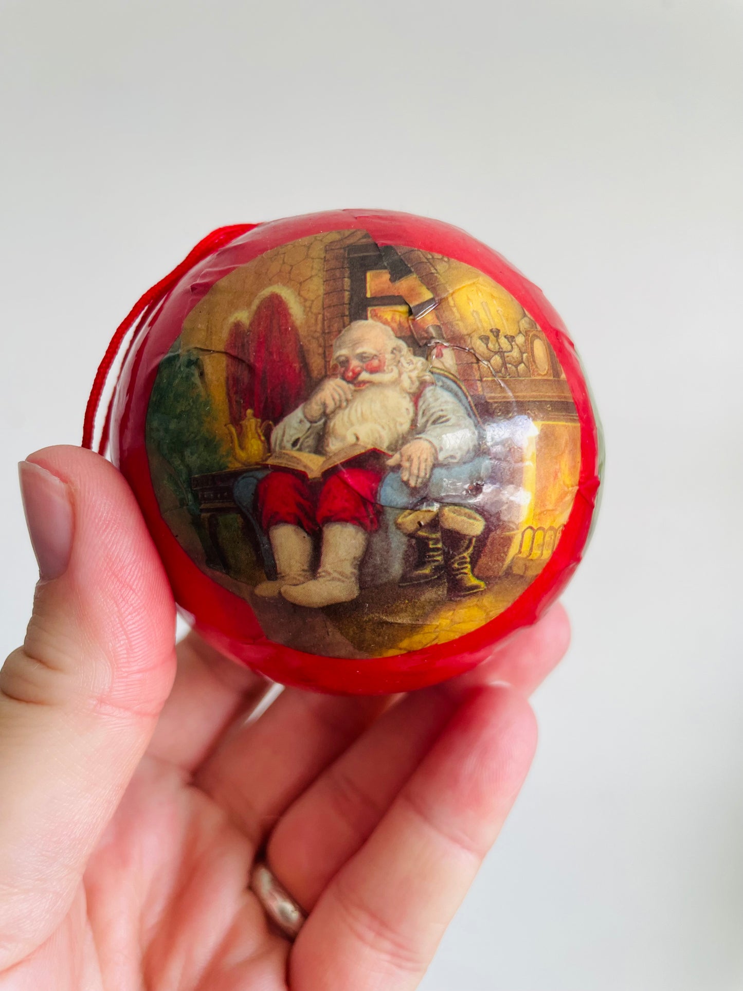 Vintage Collection of Handmade Decoupage Ornaments with Adorable Illustrations - Set of 4 - Deer, Children, Santa