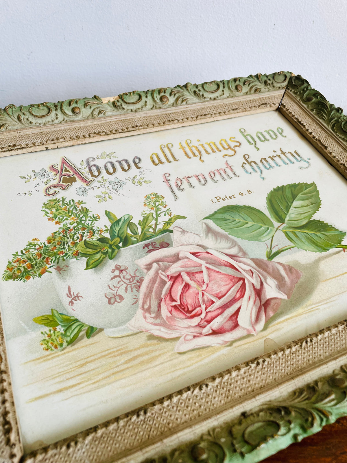 Antique 1891 Botanical Pink Rose Print Picture with Bible Verse I Peter 4.8 - Above All Things Have Fervent Charity - Ornate Wood Frame - 135 Years Old!