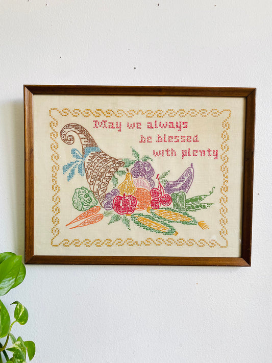 Vintage 1969 Cross Stitch Embroidery Picture - May We Always Be Blessed With Plenty - Made By “Granny Stebbel” at 80 Years Old