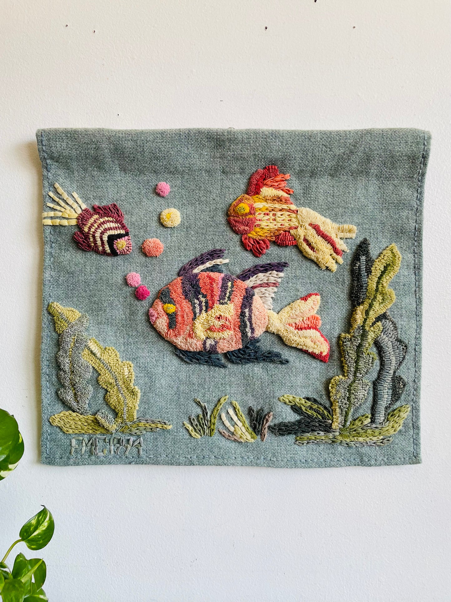 Vintage 1994 Handmade Punch Needle Art Embroidery Wall Tapestry Hanging Picture with Under the Sea Fish & Seaweed Design